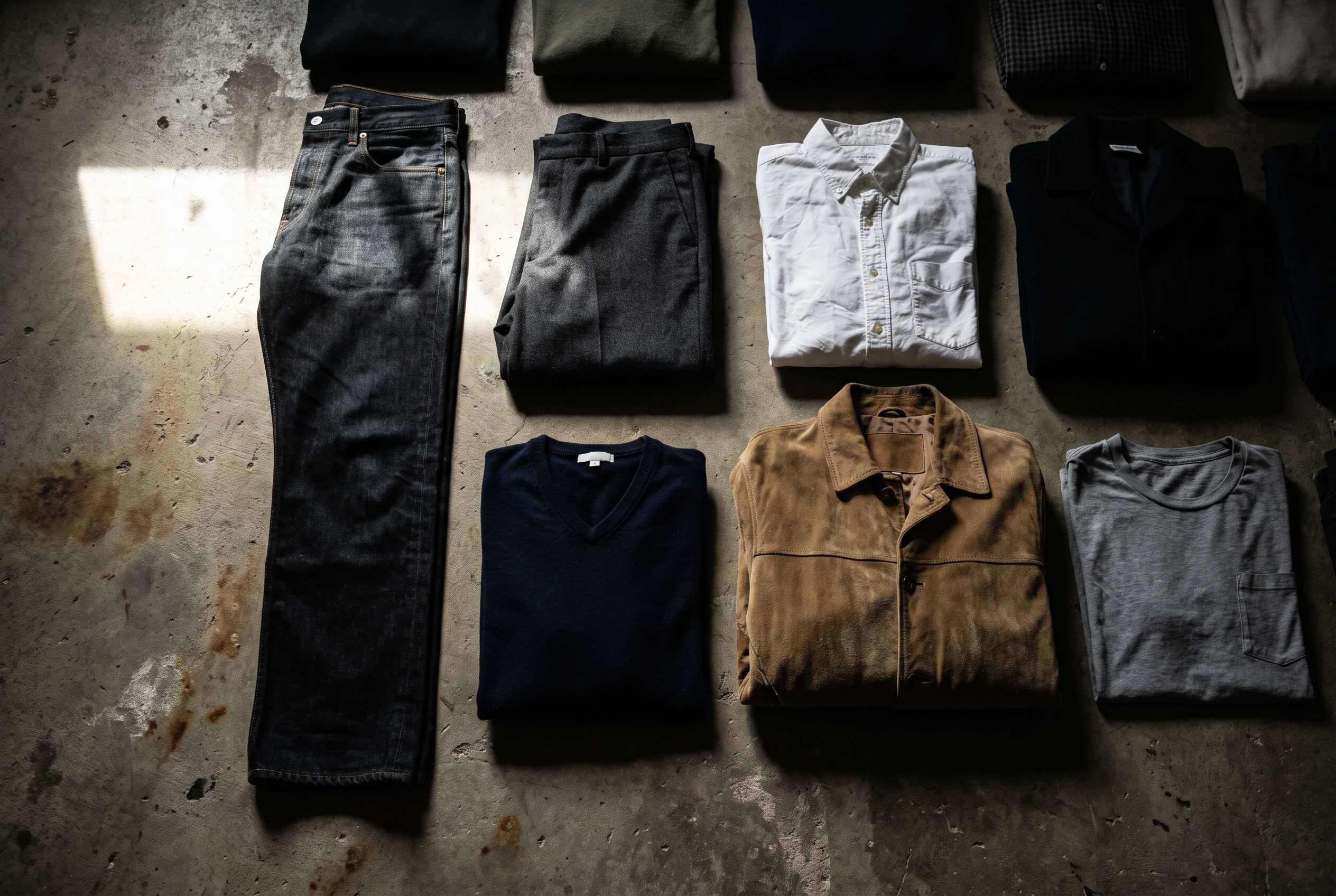 Capsule Wardrobe Männer Basics – 12 essenzielle Teile auf Betonboden ausgelegt