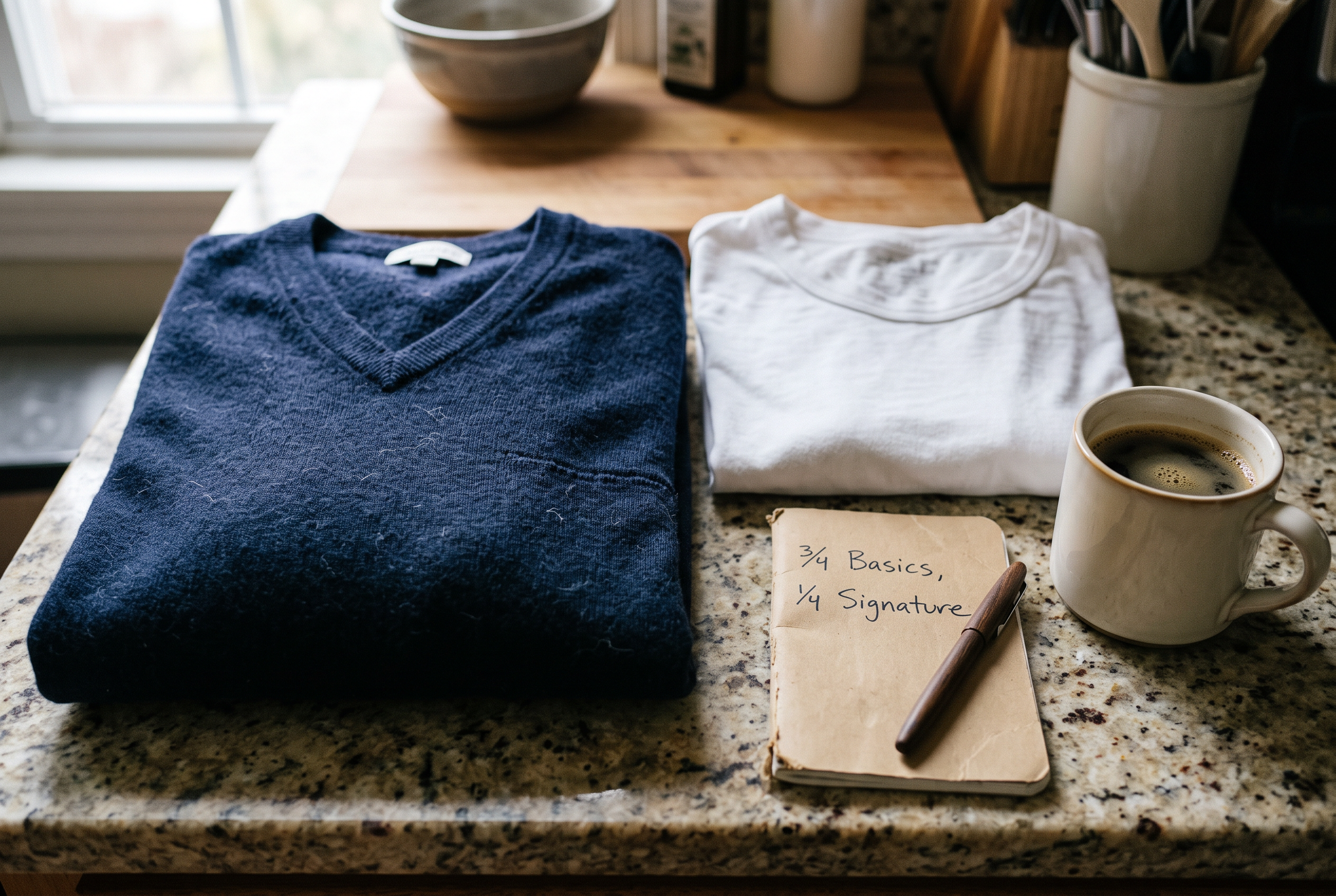V-Neck Pullover und weisses Shirt – Basis-Teile einer Capsule Wardrobe für Männer