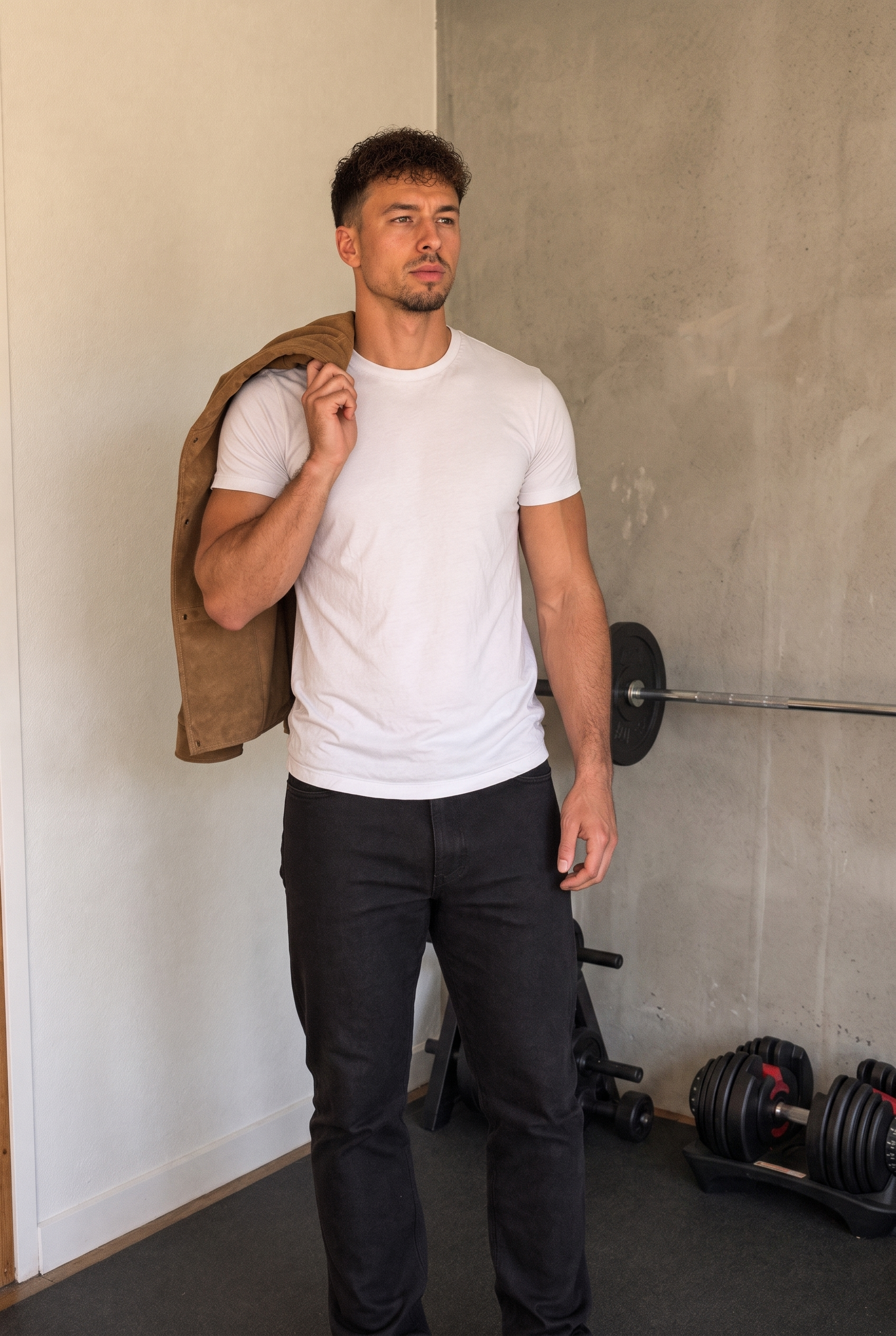 Fabian in Capsule-Wardrobe-Basics – weisses Shirt, Straight-Leg Jeans, Wildlederjacke
