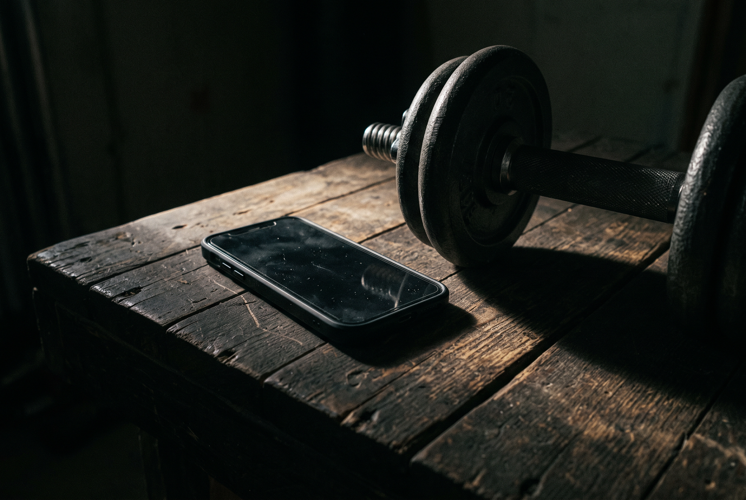 Digital Detox Anleitung Handy – Smartphone und Hantel im harten Licht