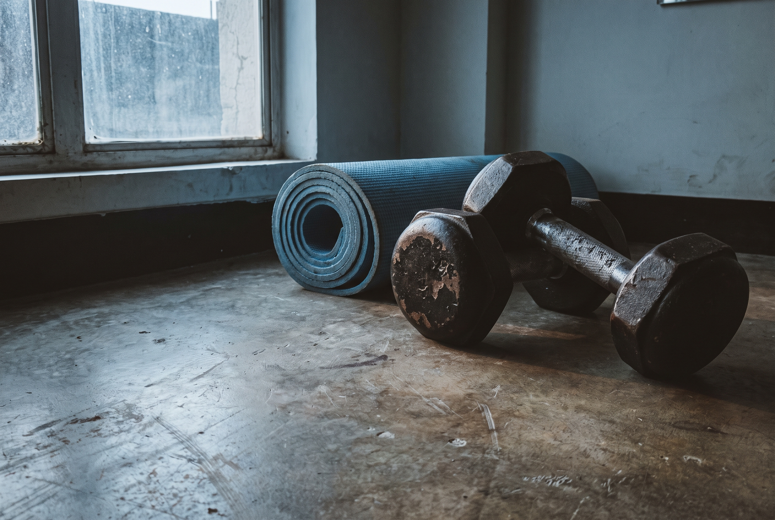 Hantel und Trainingsmatte am frühen Morgen — Training ohne Motivation erfordert feste Zeiten