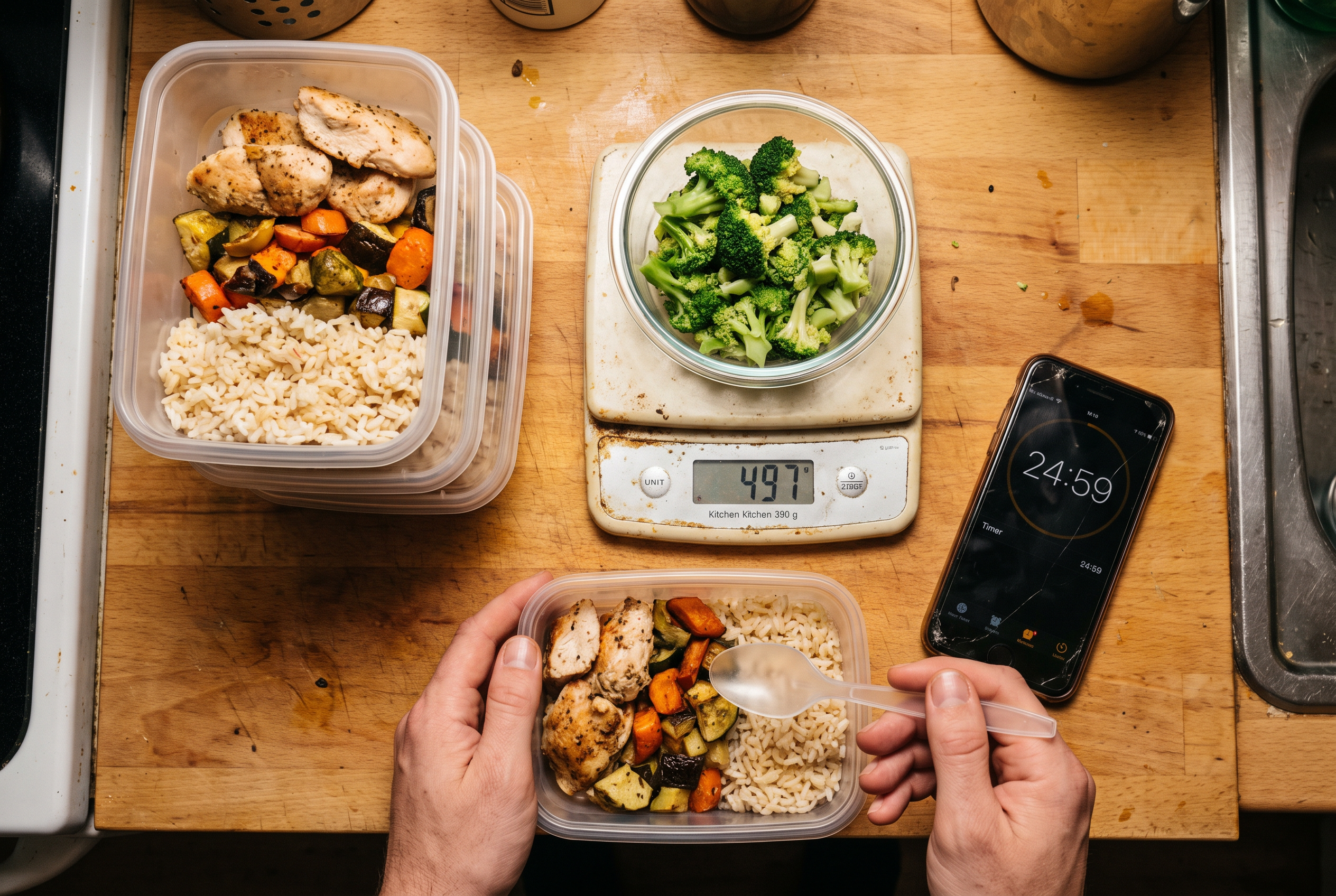 Meal-Prep-Boxen und Küchenwaage — Ernährungsdisziplin durch Vorbereitung statt Motivation