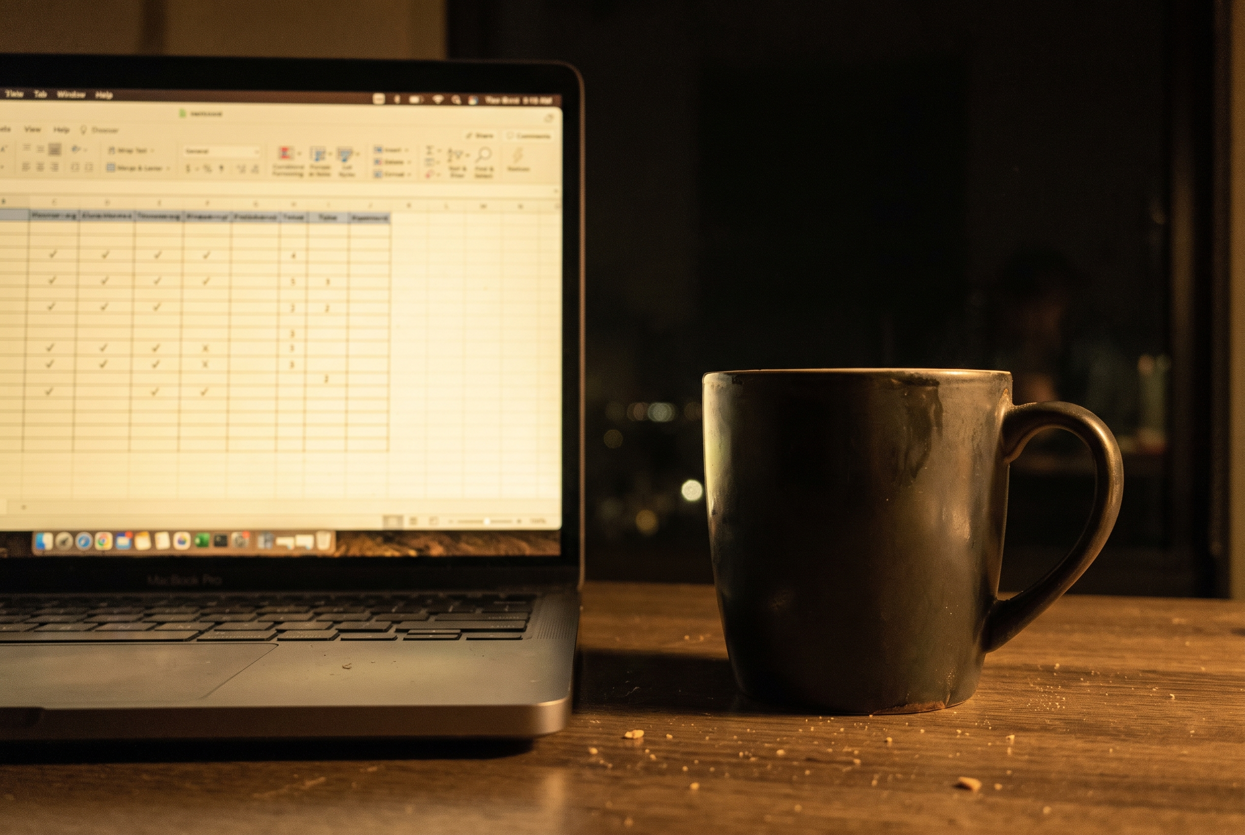 Laptop mit Gewohnheits-Tracker und Kaffee — Disziplin messen und dokumentieren