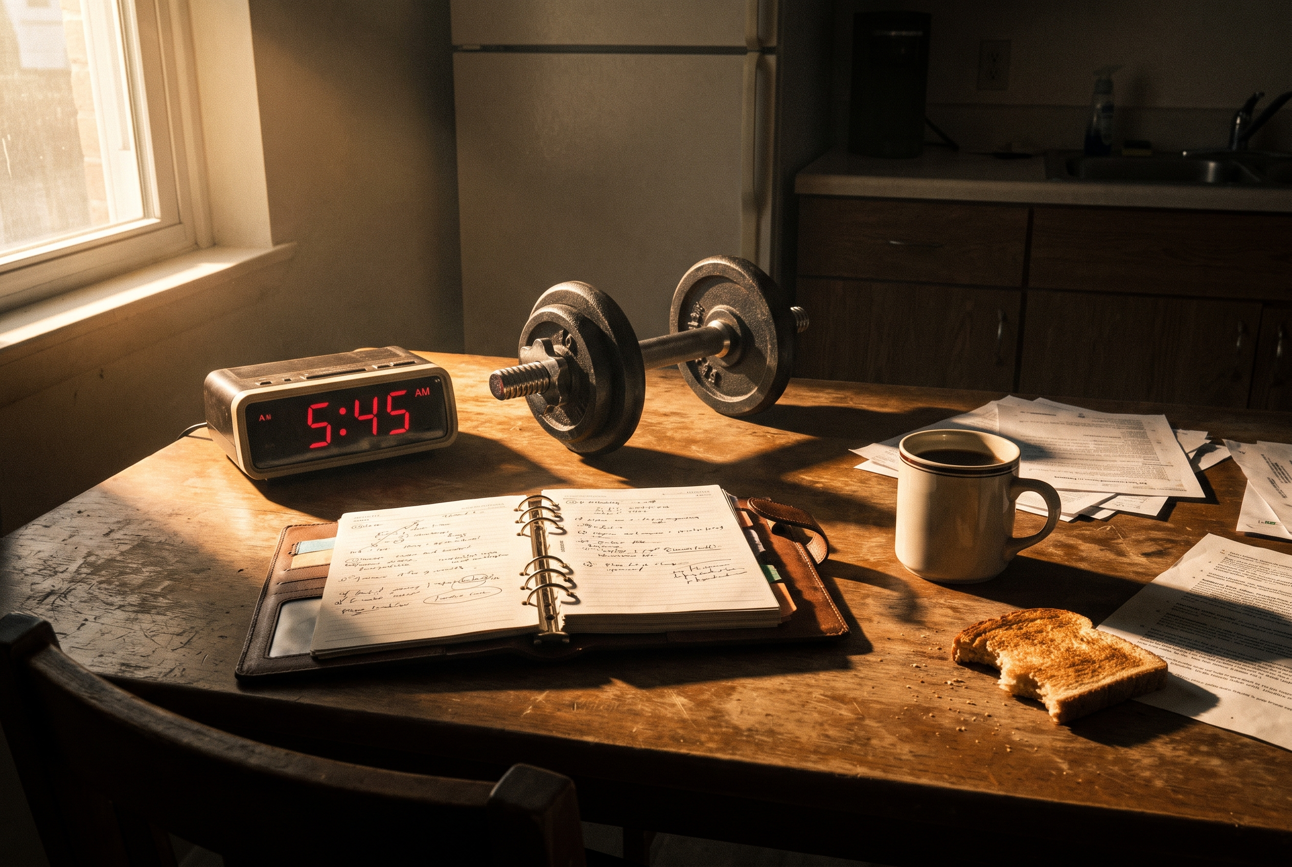 Frühmorgendliche Szene mit Wecker, Hantel und Planer – Familie Fitness Beruf vereinbaren