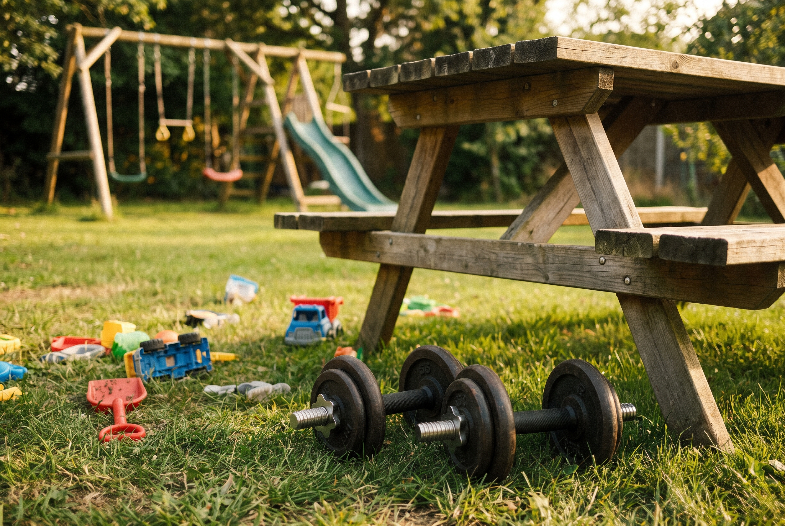Hanteln im Garten mit Spielplatz im Hintergrund – Training und Familie verbinden