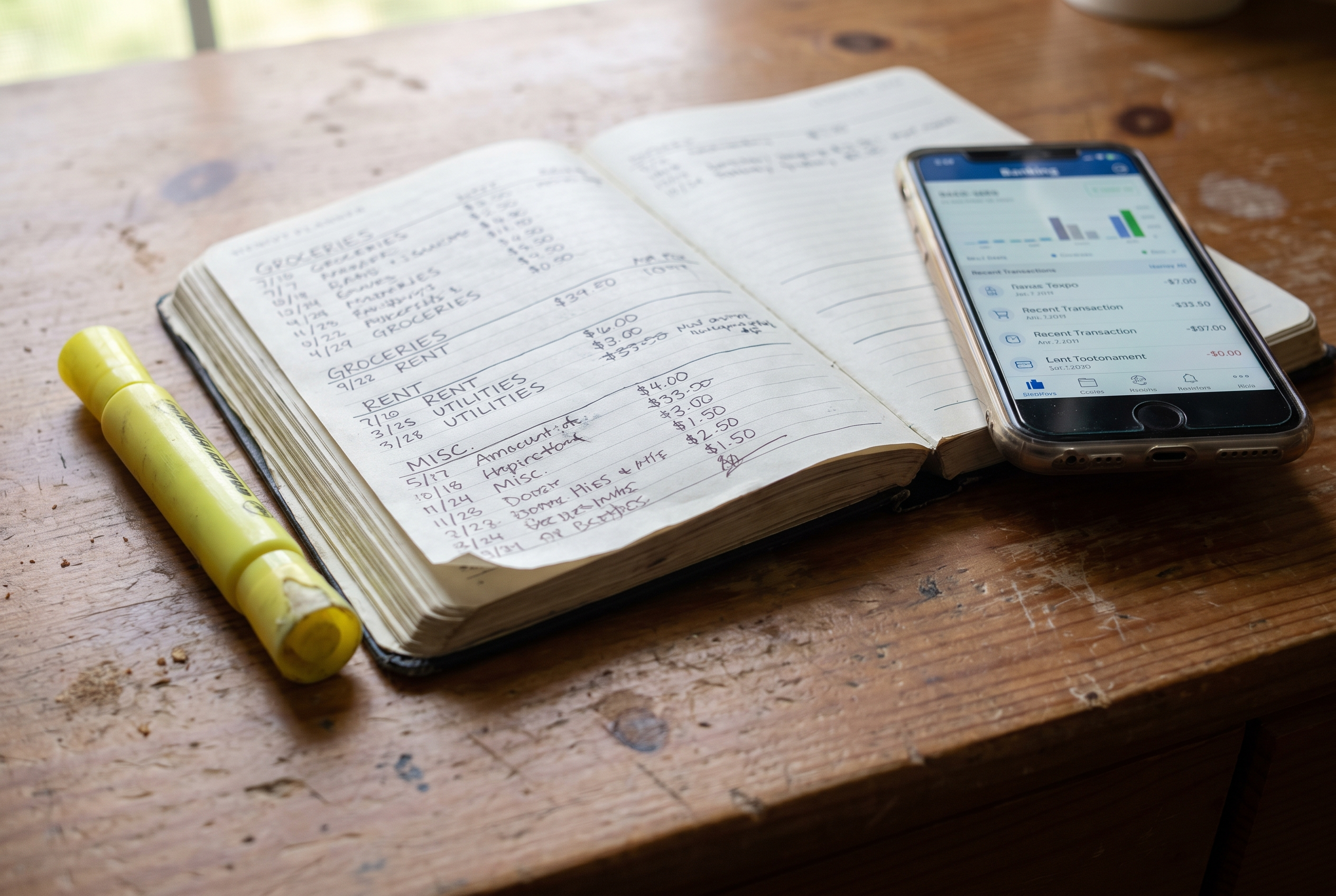 Offener Finanzplaner mit monatlichen Ausgaben und Banking-App auf Smartphone