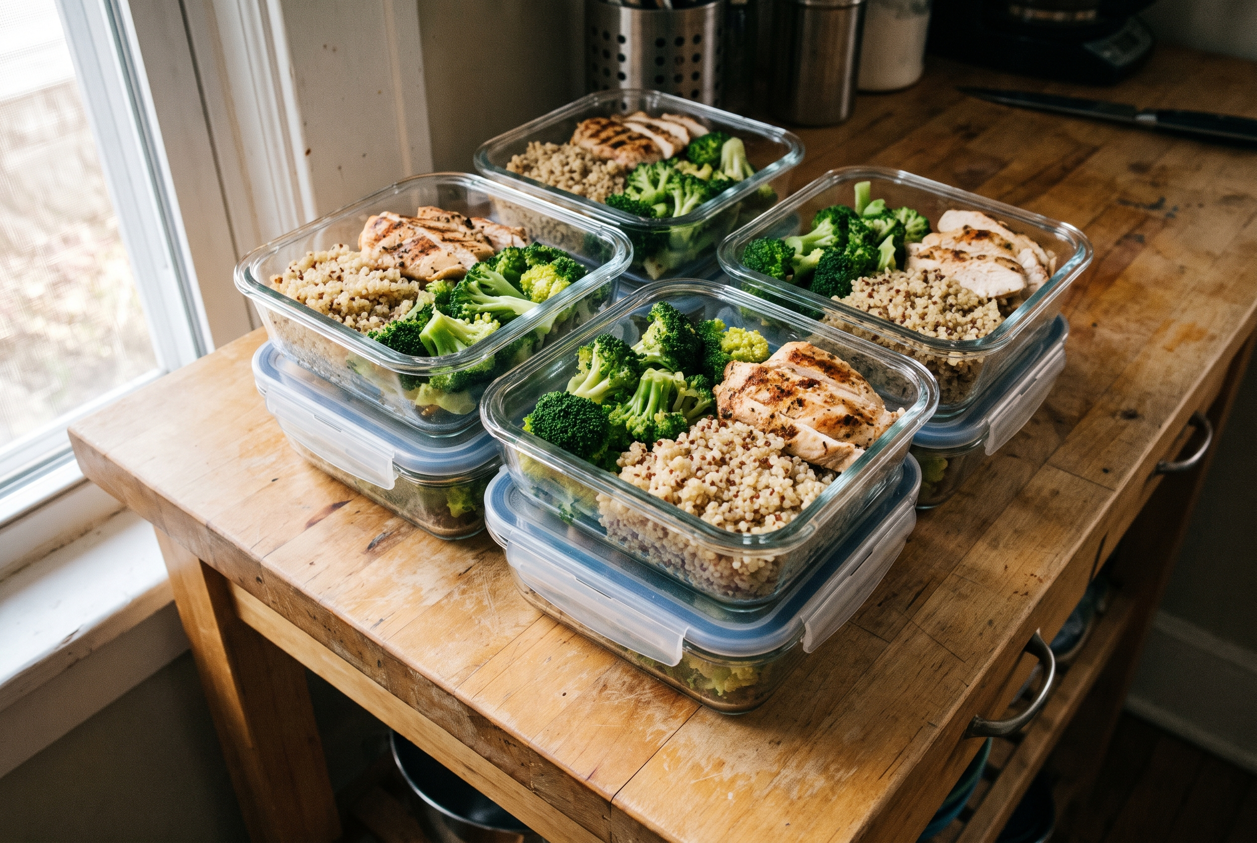 Meal-Prep-Boxen mit Poulet, Brokkoli und Quinoa für Intervallfasten 16 8