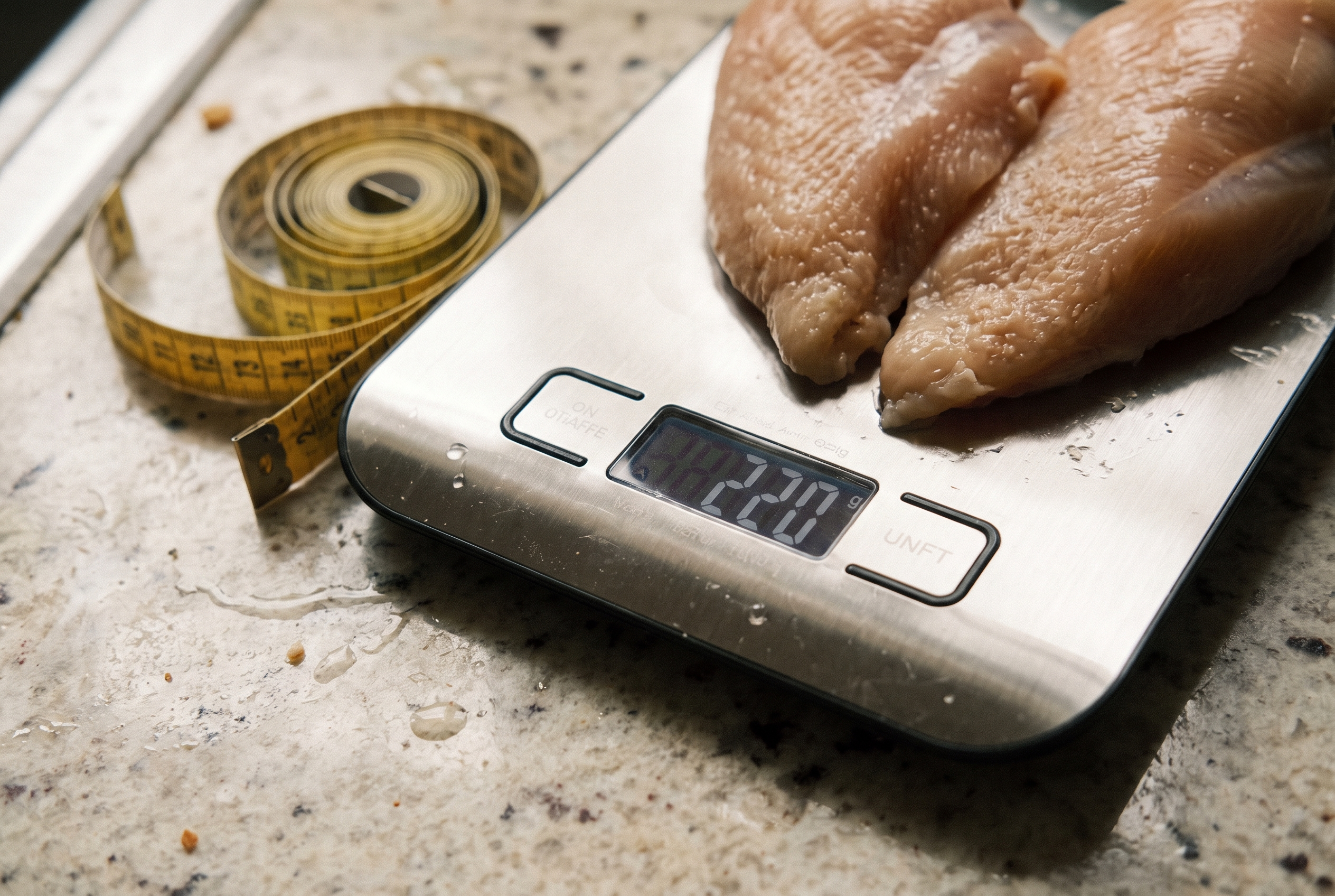 Küchenwaage zeigt 220 g Poulet – präzises Meal-Prep für Intervallfasten