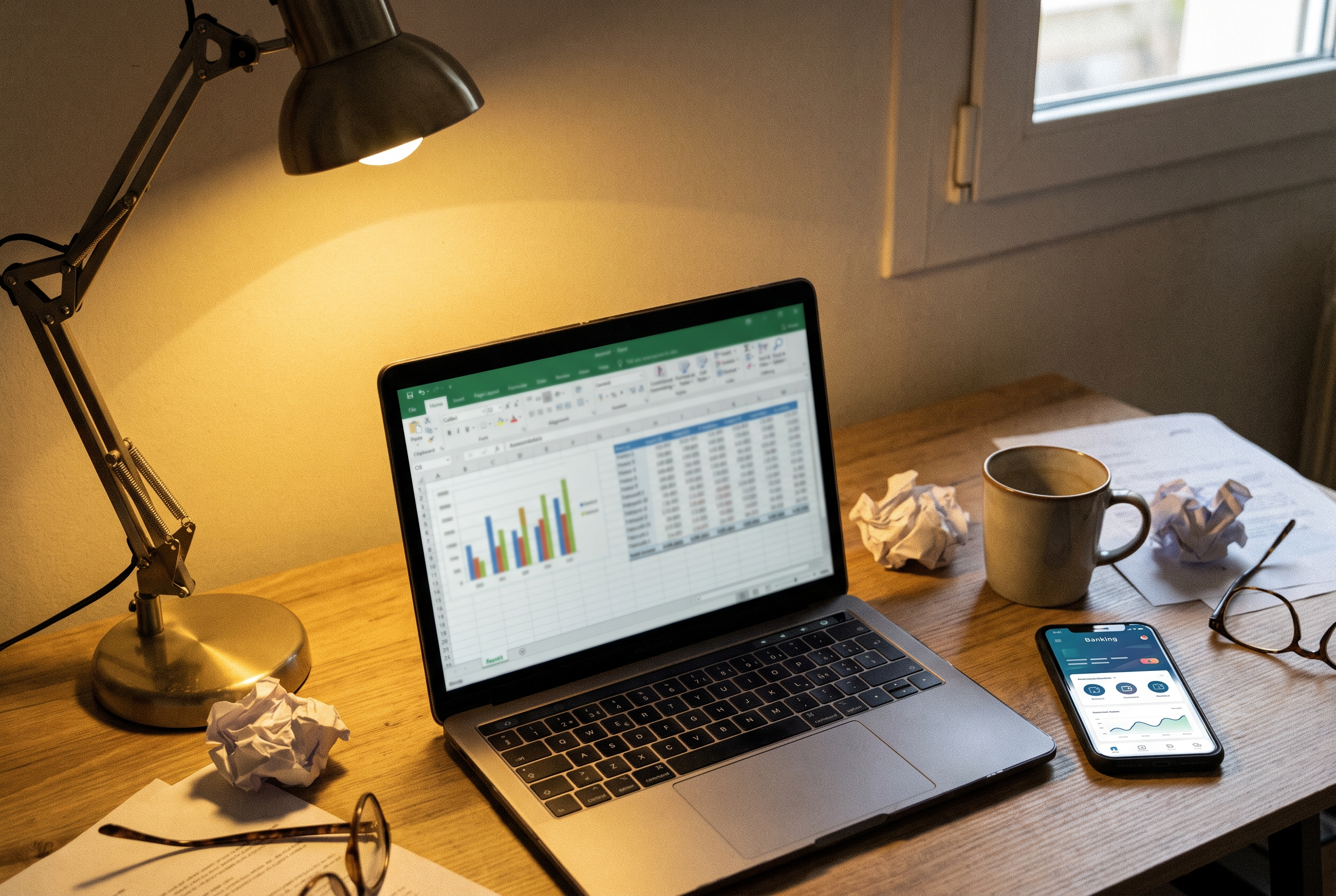 Laptop mit Ausgaben-Tabelle und Banking-App zur Notgroschen-Planung