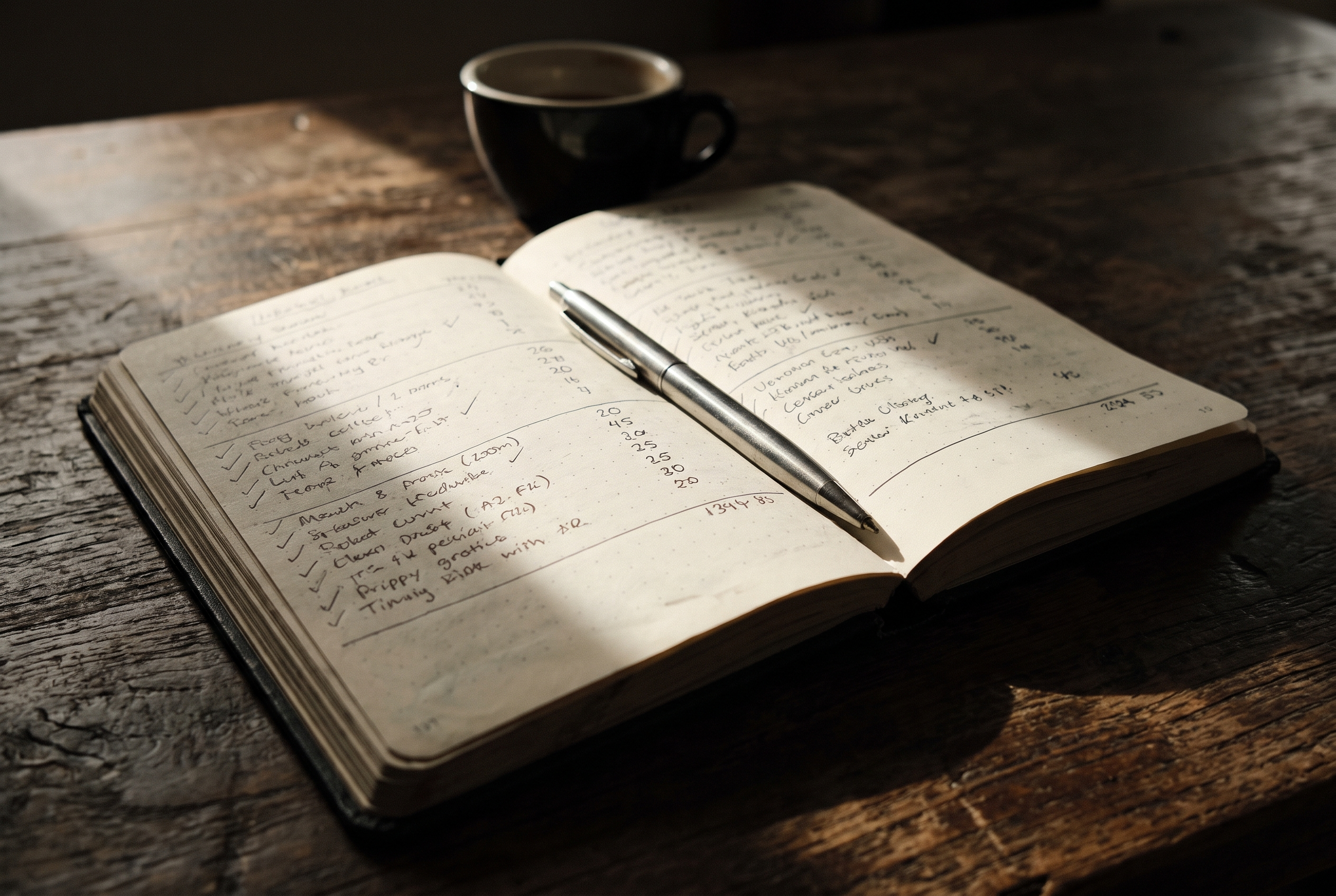 Aufgeschlagenes Tracking-Notizbuch mit handschriftlichen Einträgen auf Schreibtisch — Selbstoptimierung durch Tracking im Alltag