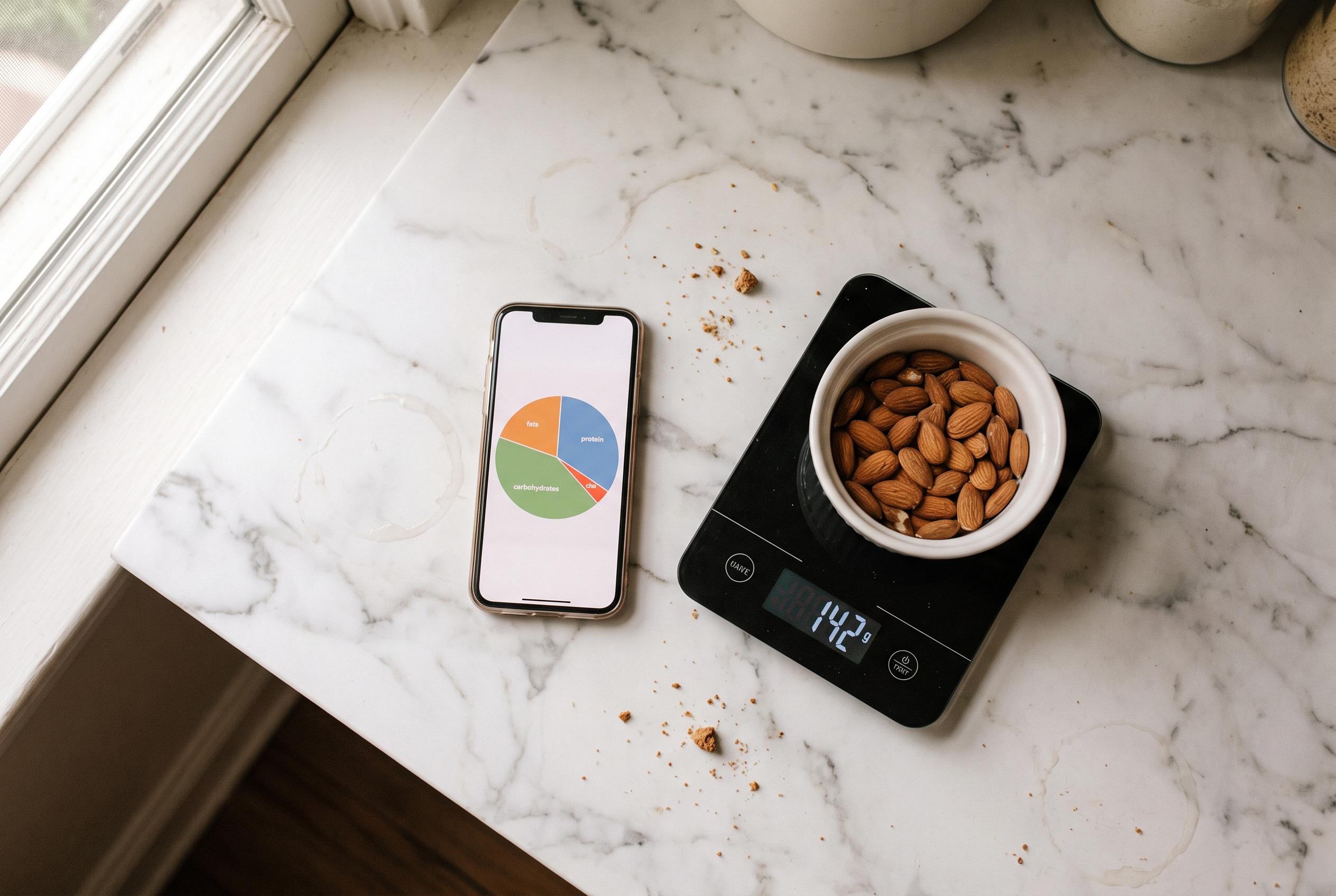 Smartphone mit Ernährungs-Tracking-App und Küchenwaage — präzises Makro-Tracking für Selbstoptimierung