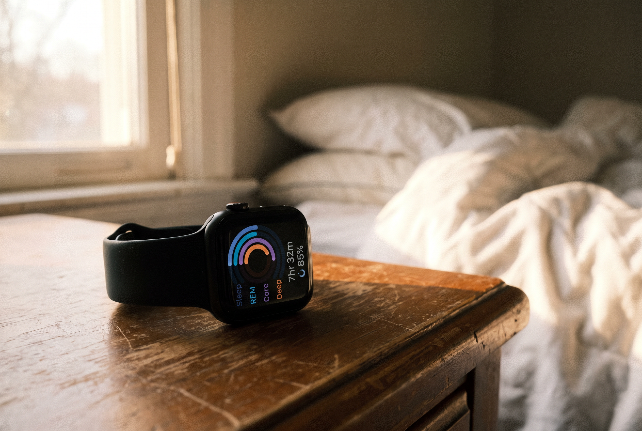 Apple Watch mit Schlaf-Tracking-Daten auf Nachttisch — Schlafoptimierung durch kontinuierliche Messung