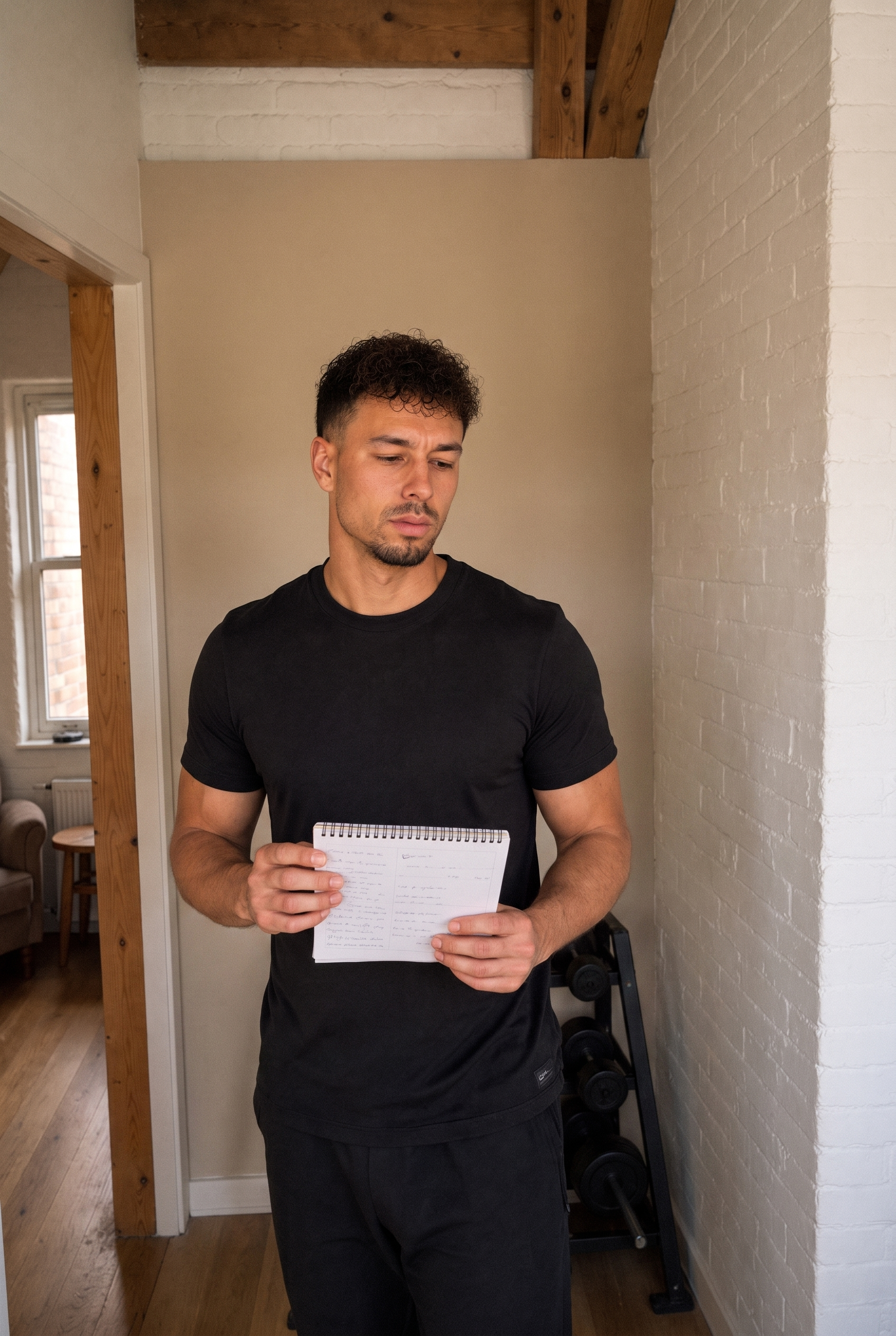 Fabian Waizenhöfer mit Trainingslog im Home-Gym — Selbstoptimierung durch Tracking im Alltag eines Functional Trainers