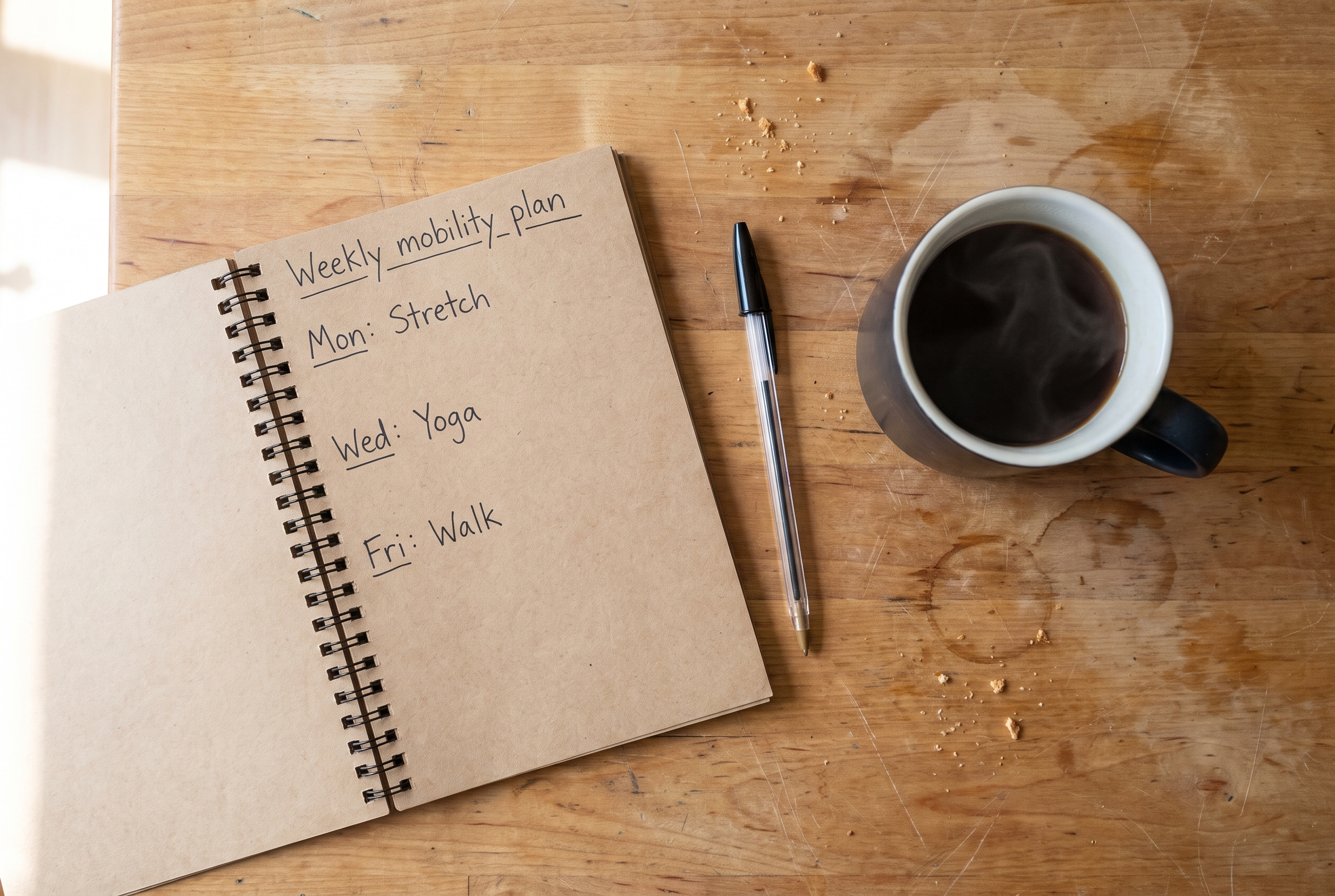 Wochenplan für Beweglichkeitstraining — Notizbuch und Kaffee auf Küchentisch