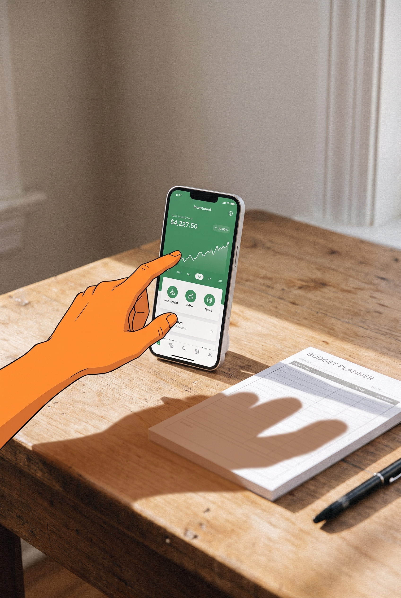 Smartphone mit ETF-Sparplan-App und Budget-Planer