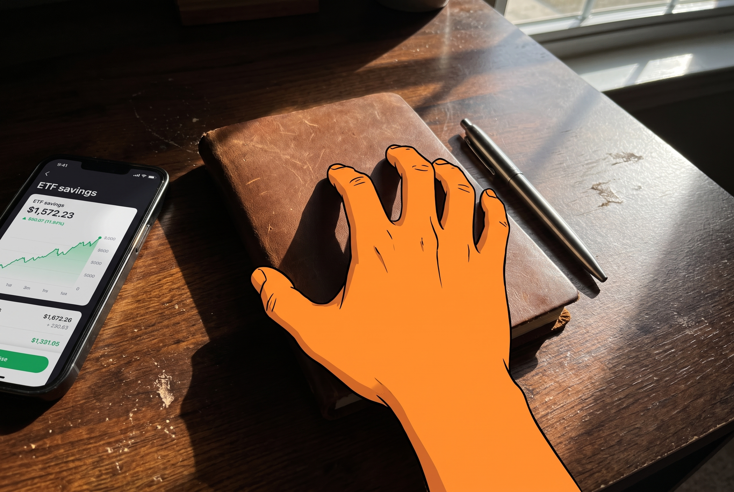 ETF Sparplan ab 40 auf dem Smartphone, daneben Notizbuch und Stift — Ich plane meine Finanzen