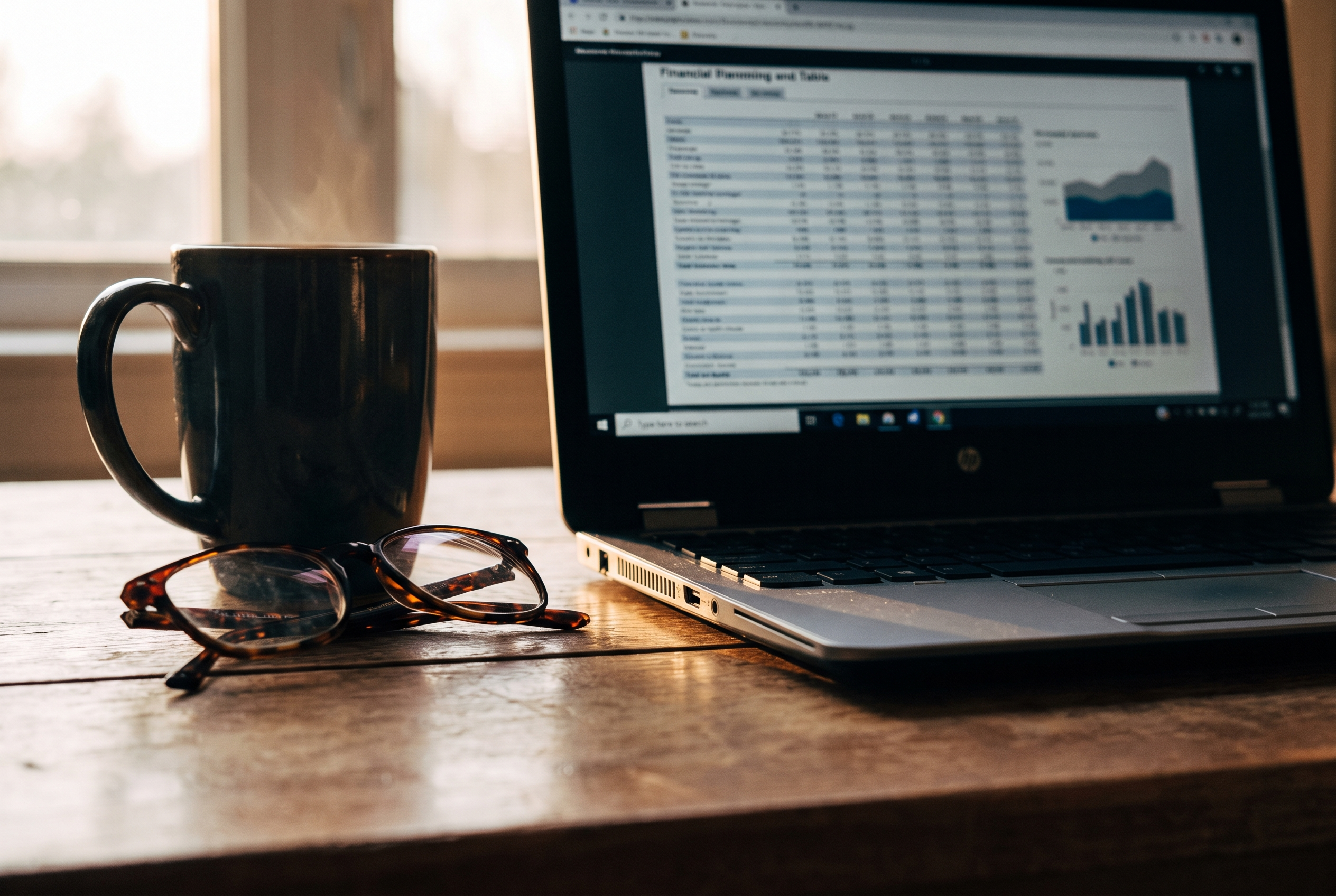 Laptop mit ETF-Broker-Übersicht und Kaffeetasse — Recherche vor dem ersten Sparplan