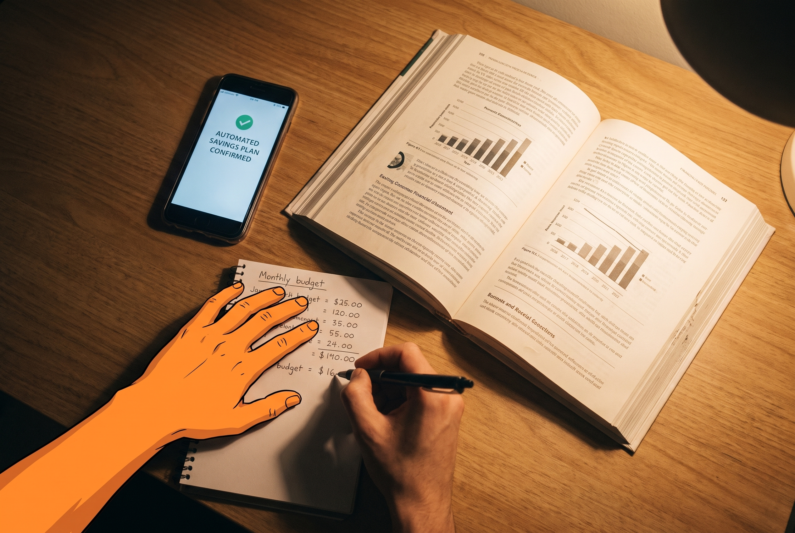 Finanz-Buch, Smartphone mit automatischem Sparplan und Notizen