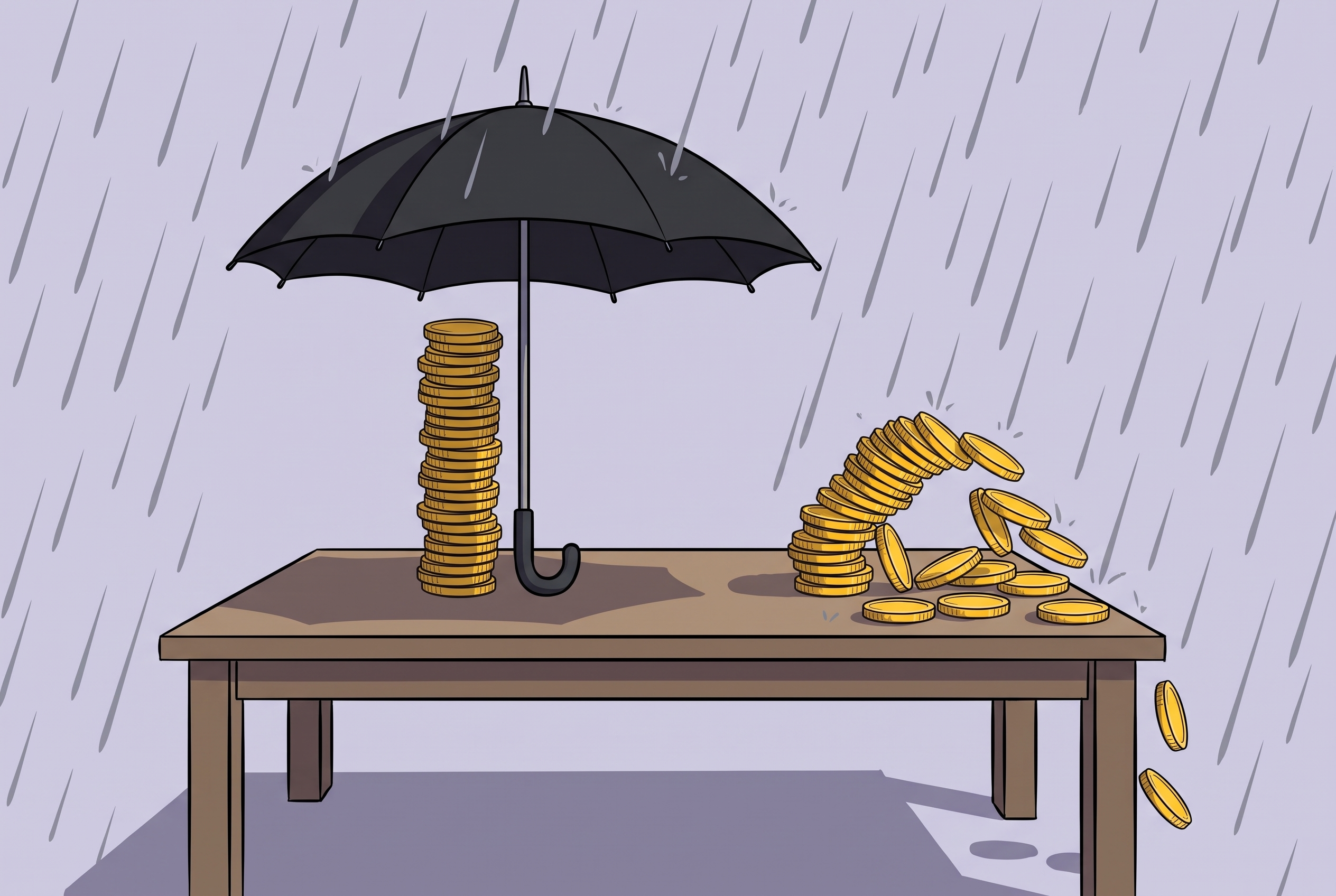 Der Münzstapel unter dem Schirm bleibt stehen, der ohne Schirm kippt im Regen um — Cash-Puffer gegen das Sequence-of-Returns-Risiko