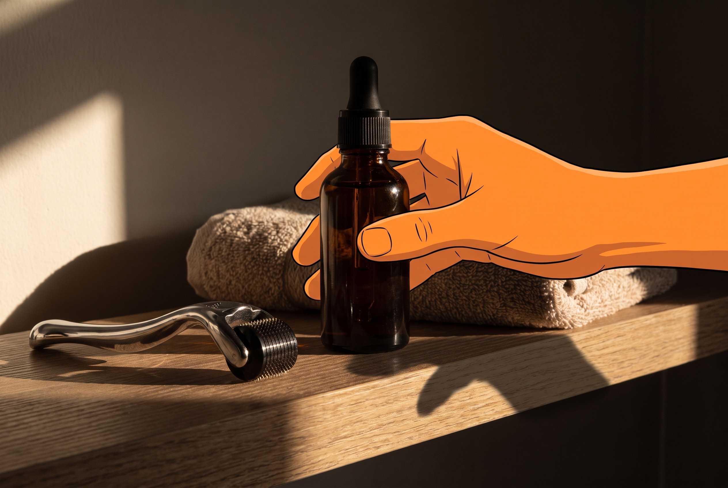 Haarausfall Männer stoppen mit Minoxidil und Derma Roller auf Badezimmerregal