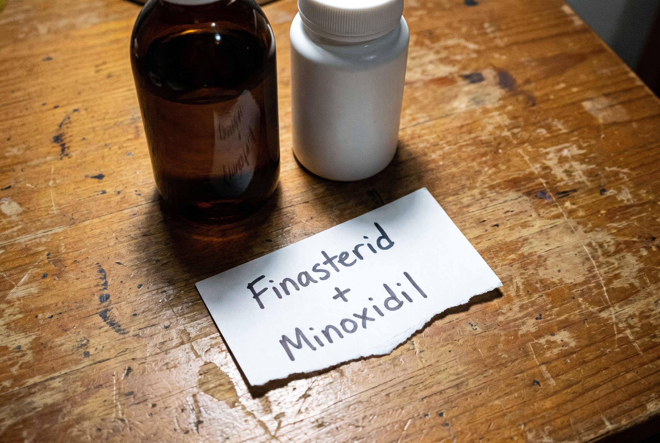 Finasterid und Minoxidil Flaschen nebeneinander als Kombinationstherapie gegen Haarausfall