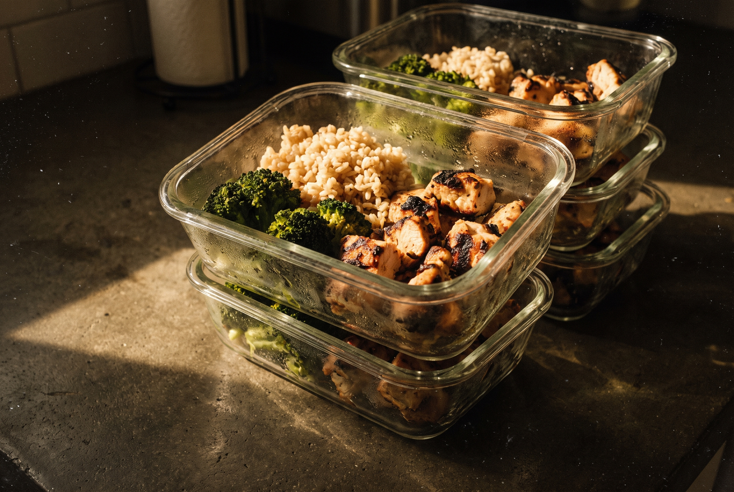 High Protein Meal Prep Männer: Gestapelte Meal Prep Boxen mit Poulet, Reis und Broccoli