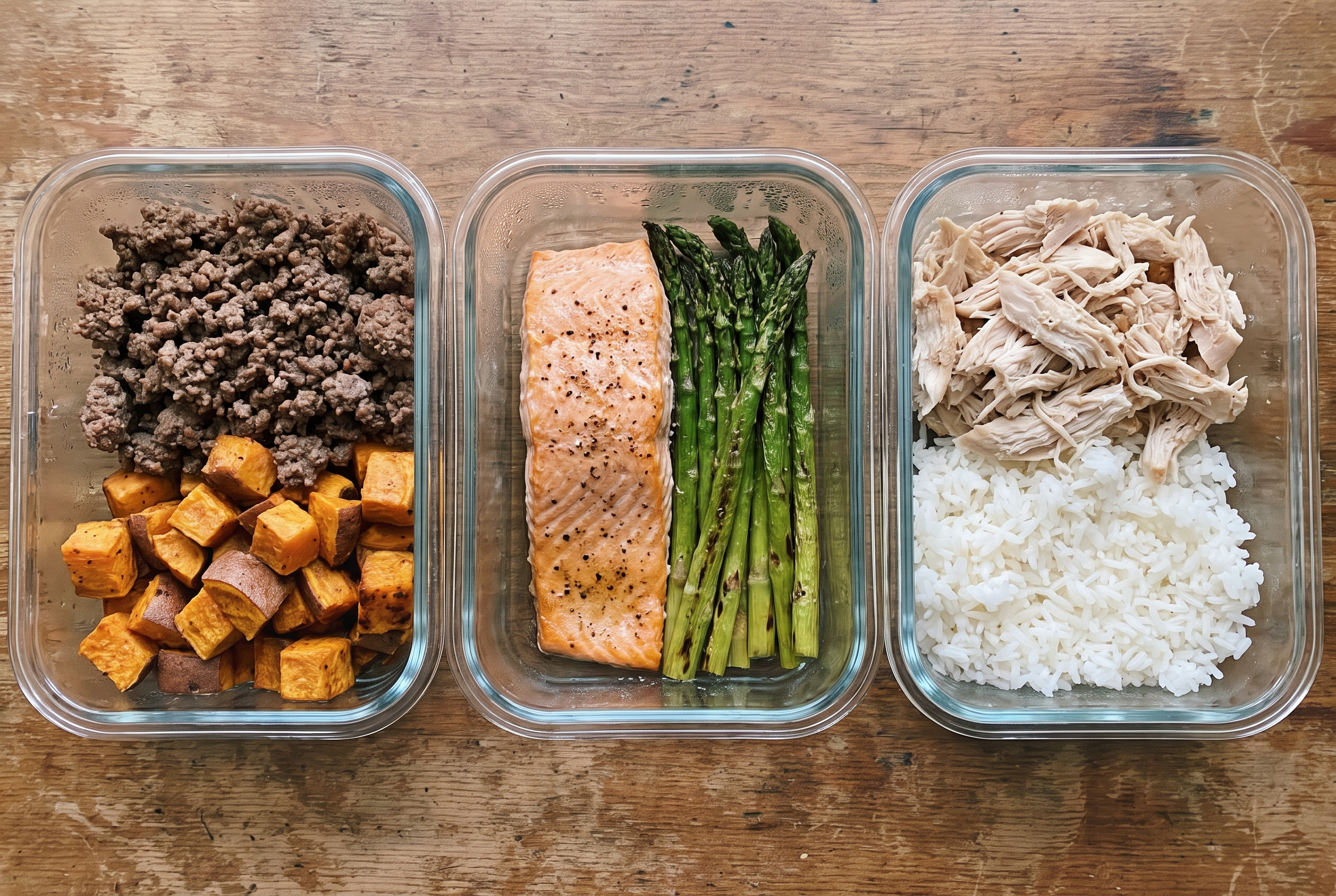 Drei verschiedene High Protein Meal Prep Optionen nebeneinander