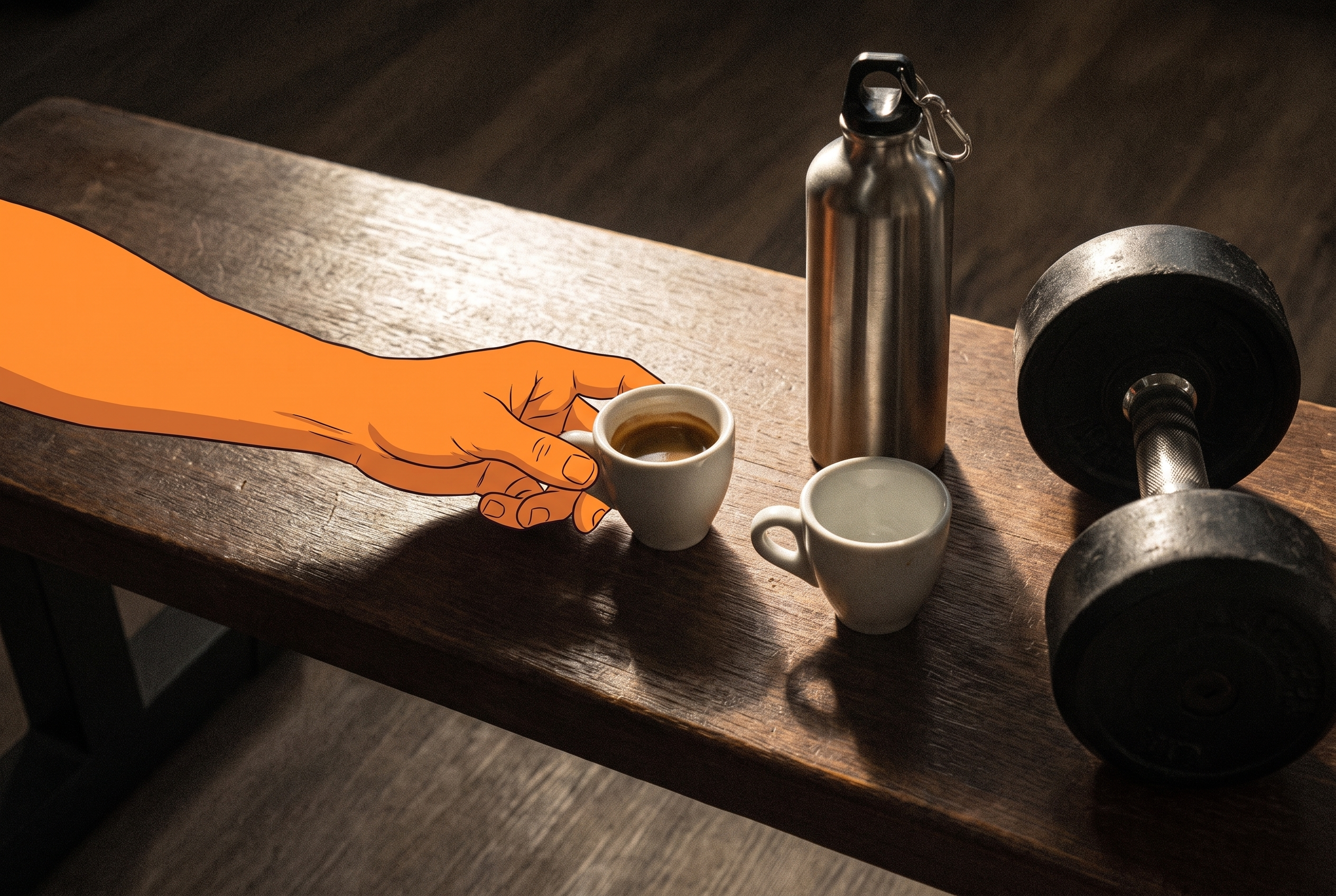 Koffein vor dem Training Dosierung: Espresso und Hantel auf Trainingsbank