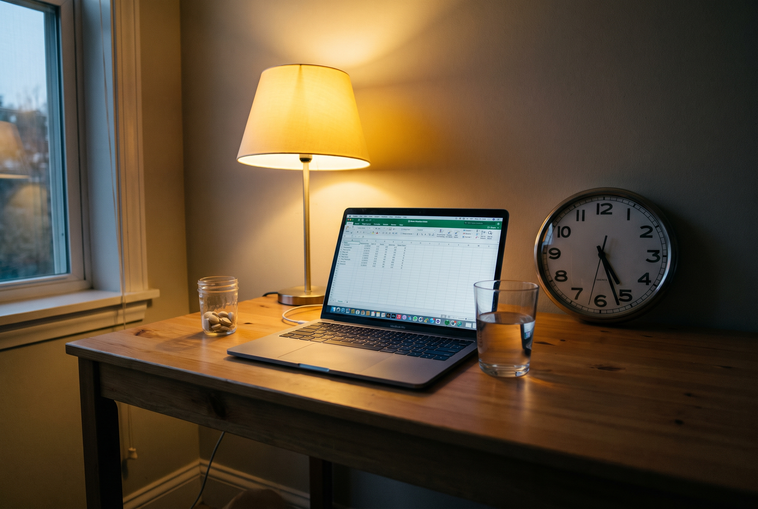 Koffein-Timing planen: Schreibtisch mit Uhr und Tabletten