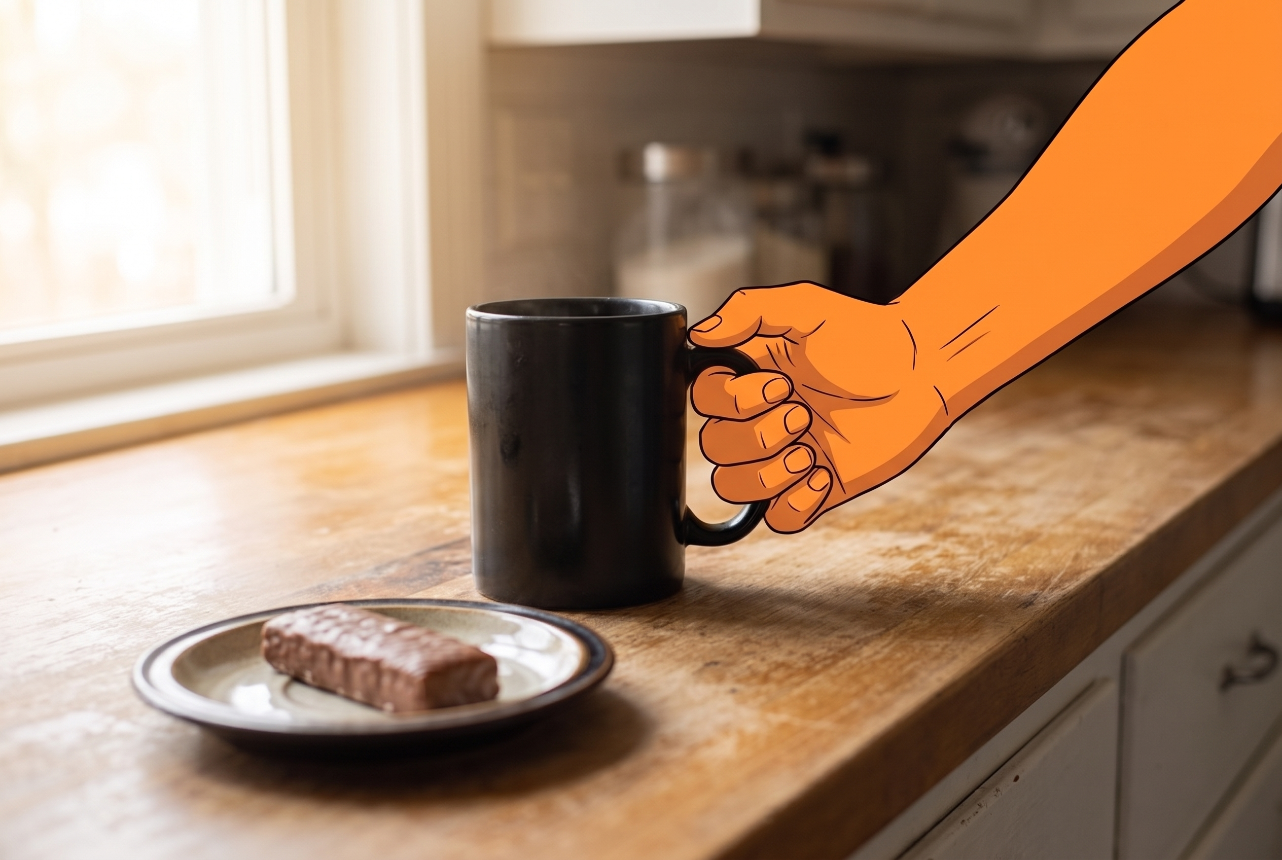 Morgenroutine: Kaffee und Proteinriegel vor dem Training