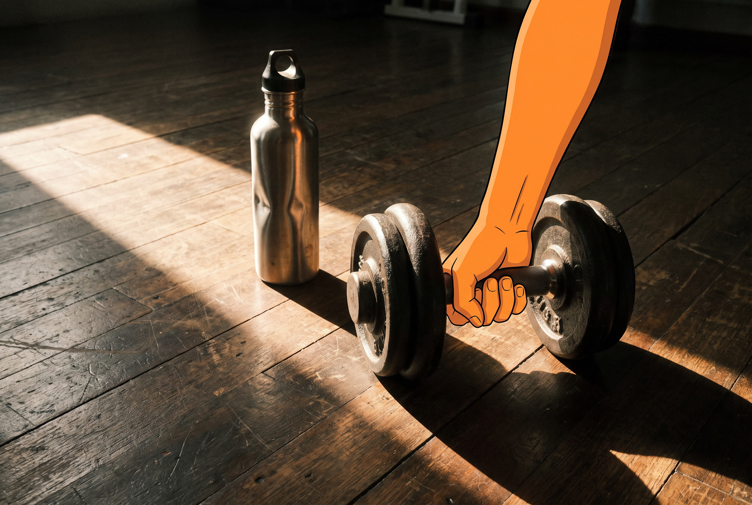 Krafttraining Anfänger Männer Plan – Hantel und Wasserflasche auf Holzboden im Gym