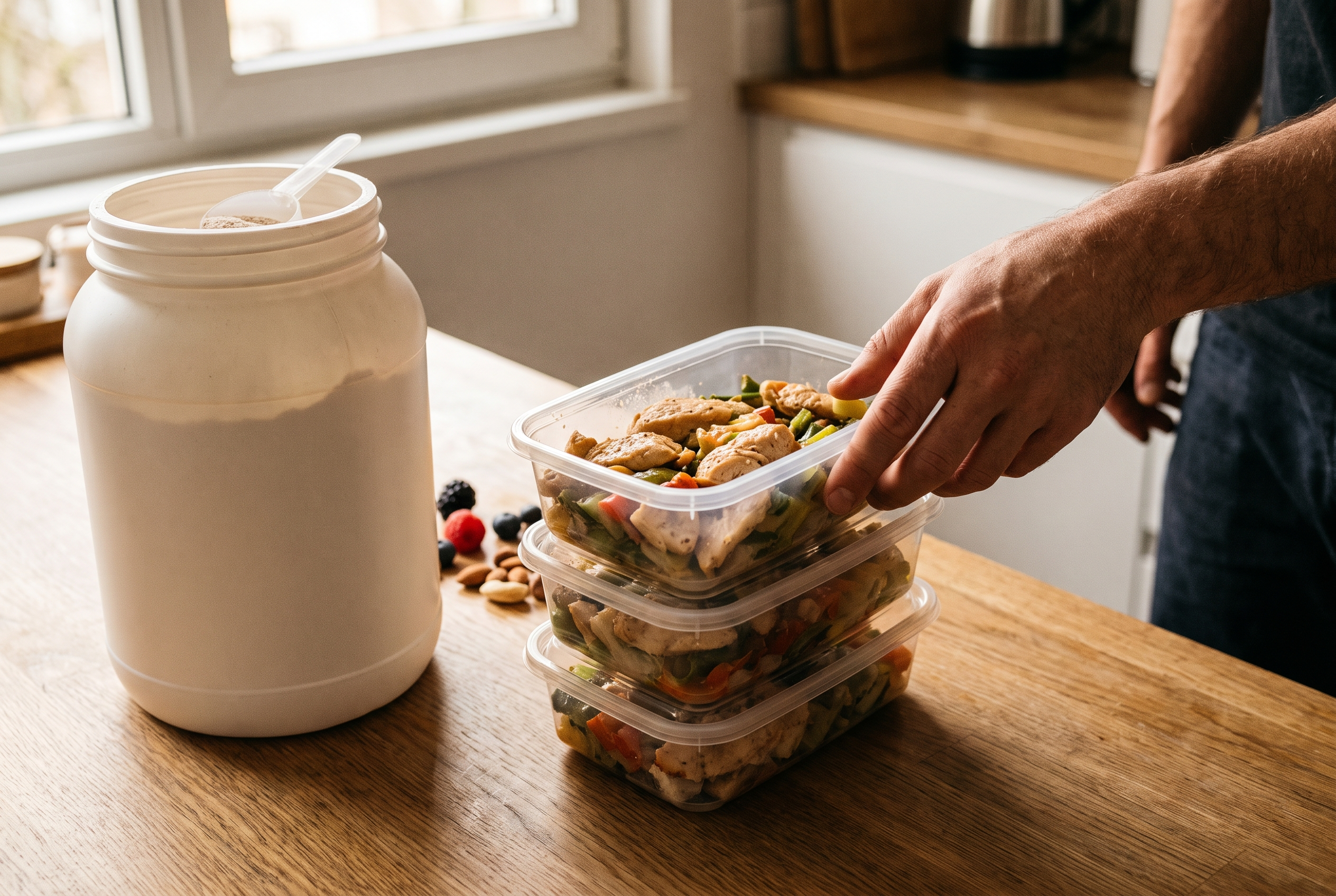 Krafttraining Ernährung Anfänger – Meal-Prep-Boxen und Proteinpulver auf Küchentisch