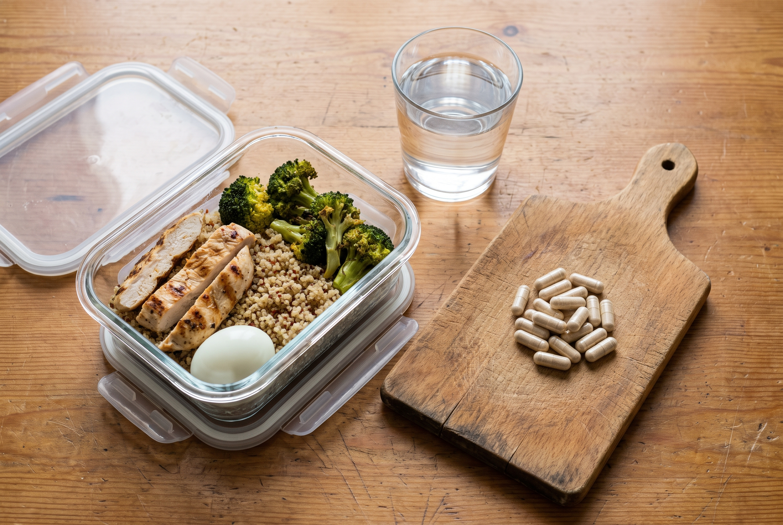Magnesium Tabletten neben Meal-Prep-Box — Ernährung und Supplement kombiniert