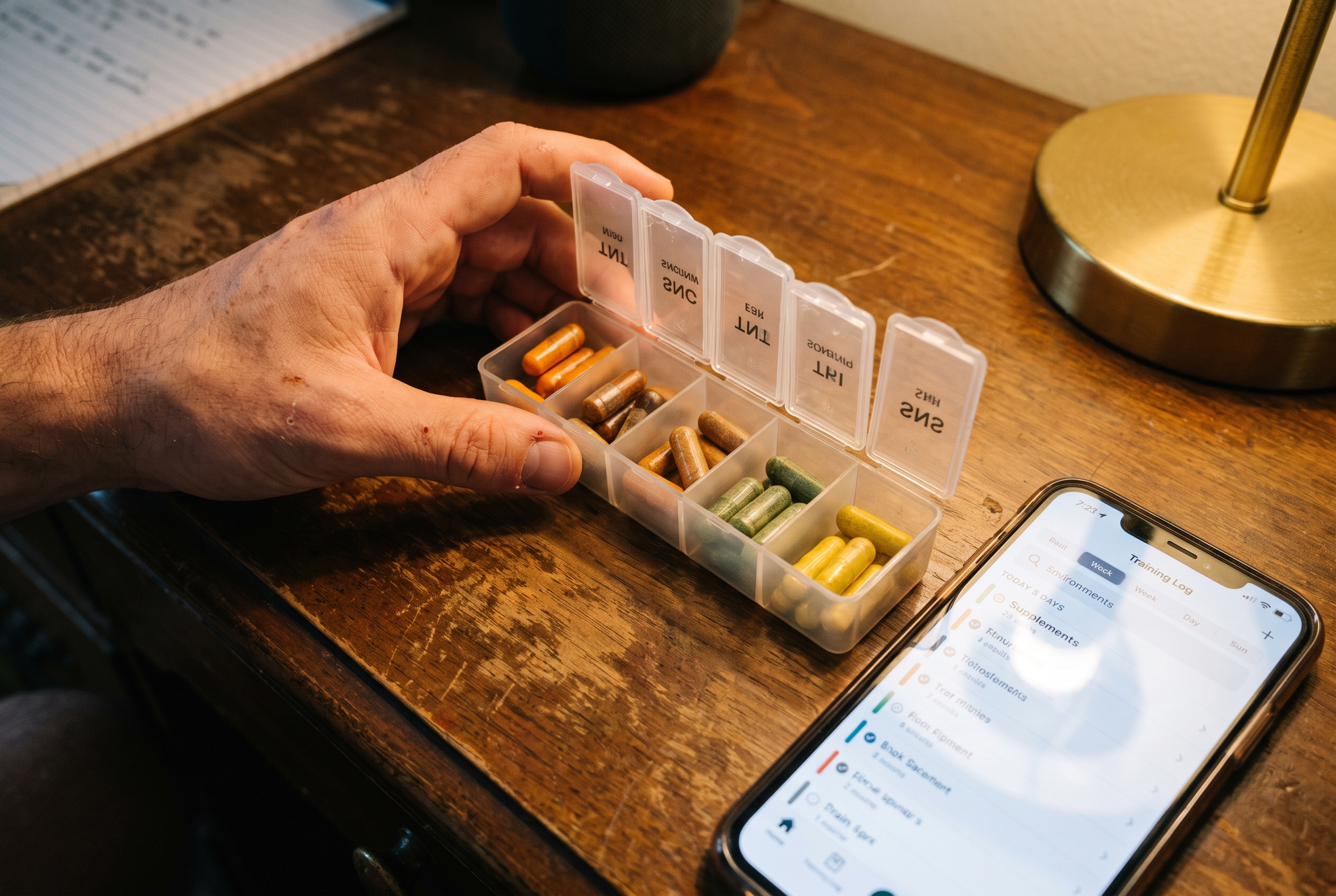 Supplement-Organizer mit Magnesium-Kapseln — tägliche Routine