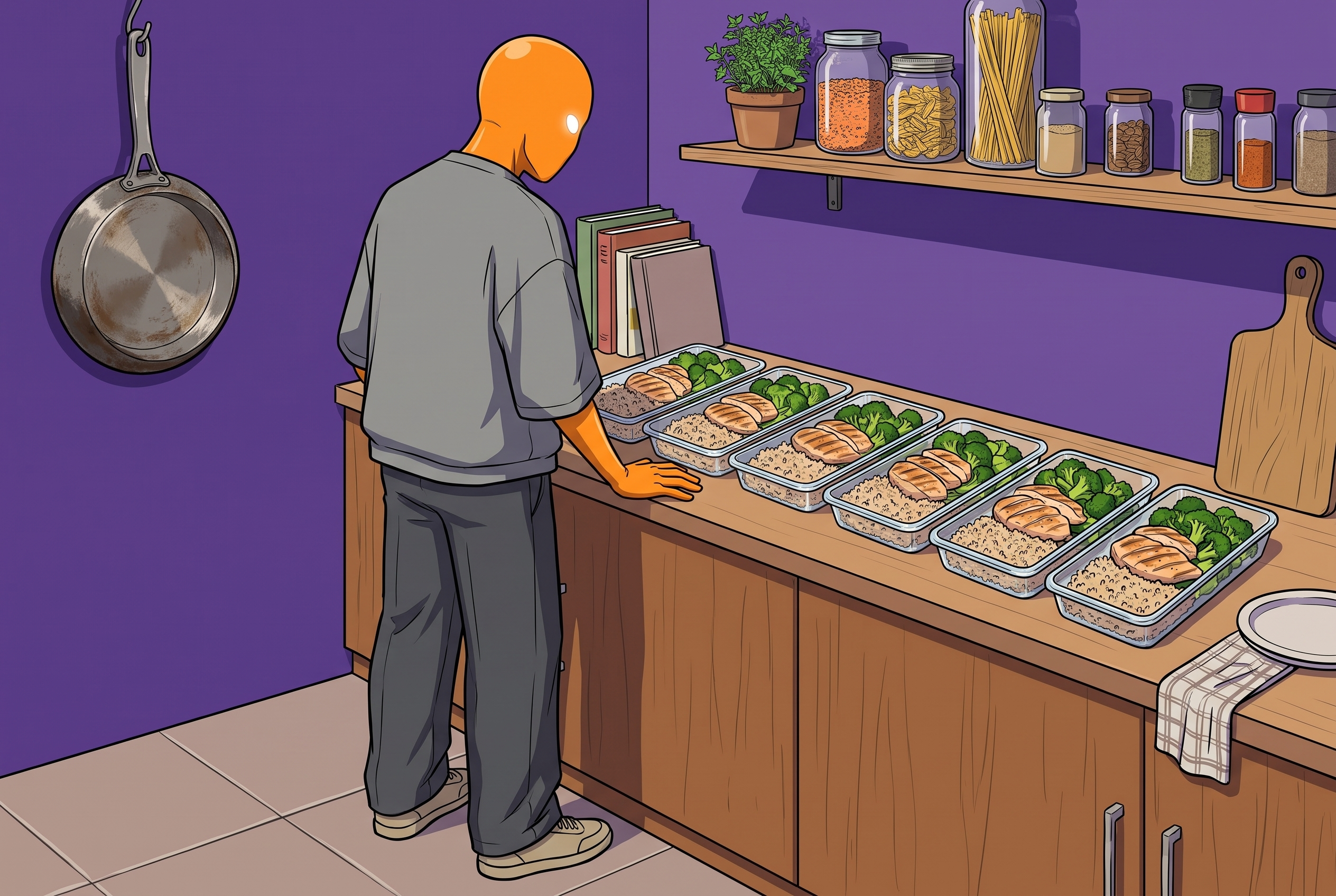 Meal Prep Muskelaufbau Rezepte günstig — AlFi bereitet proteinreiche Mahlzeiten in der Küche vor