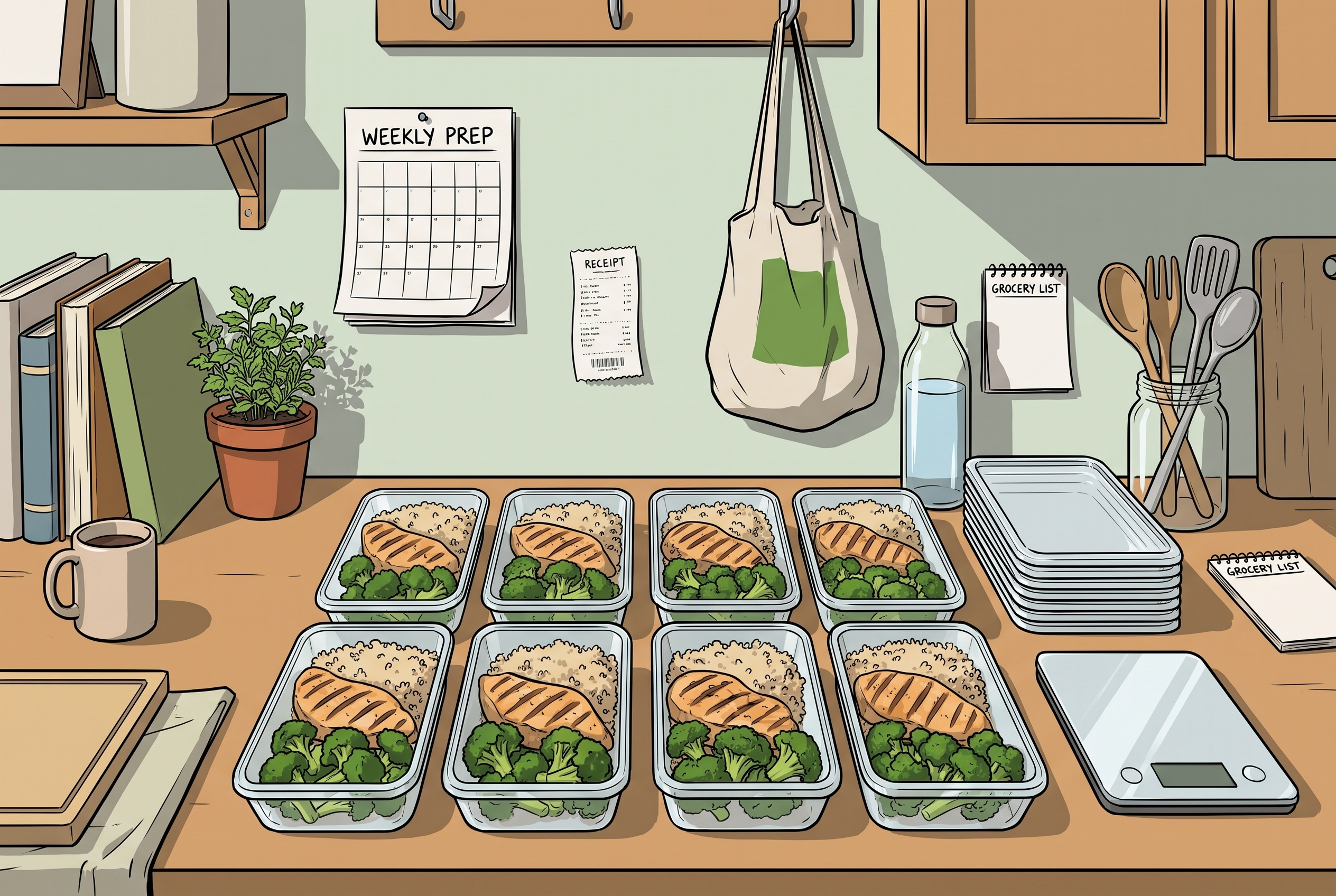 Meal Prep Muskelaufbau Rezepte günstig — acht vorbereitete Mahlzeiten mit Hähnchen, Reis und Brokkoli