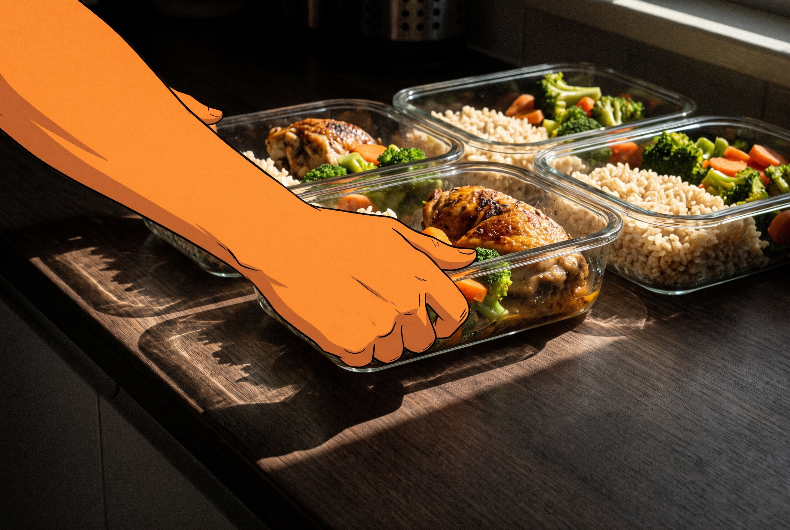 Meal Prep Sonntag Anleitung: Vorgekochte Mahlzeiten in Glasboxen auf Küchenarbeitsfläche
