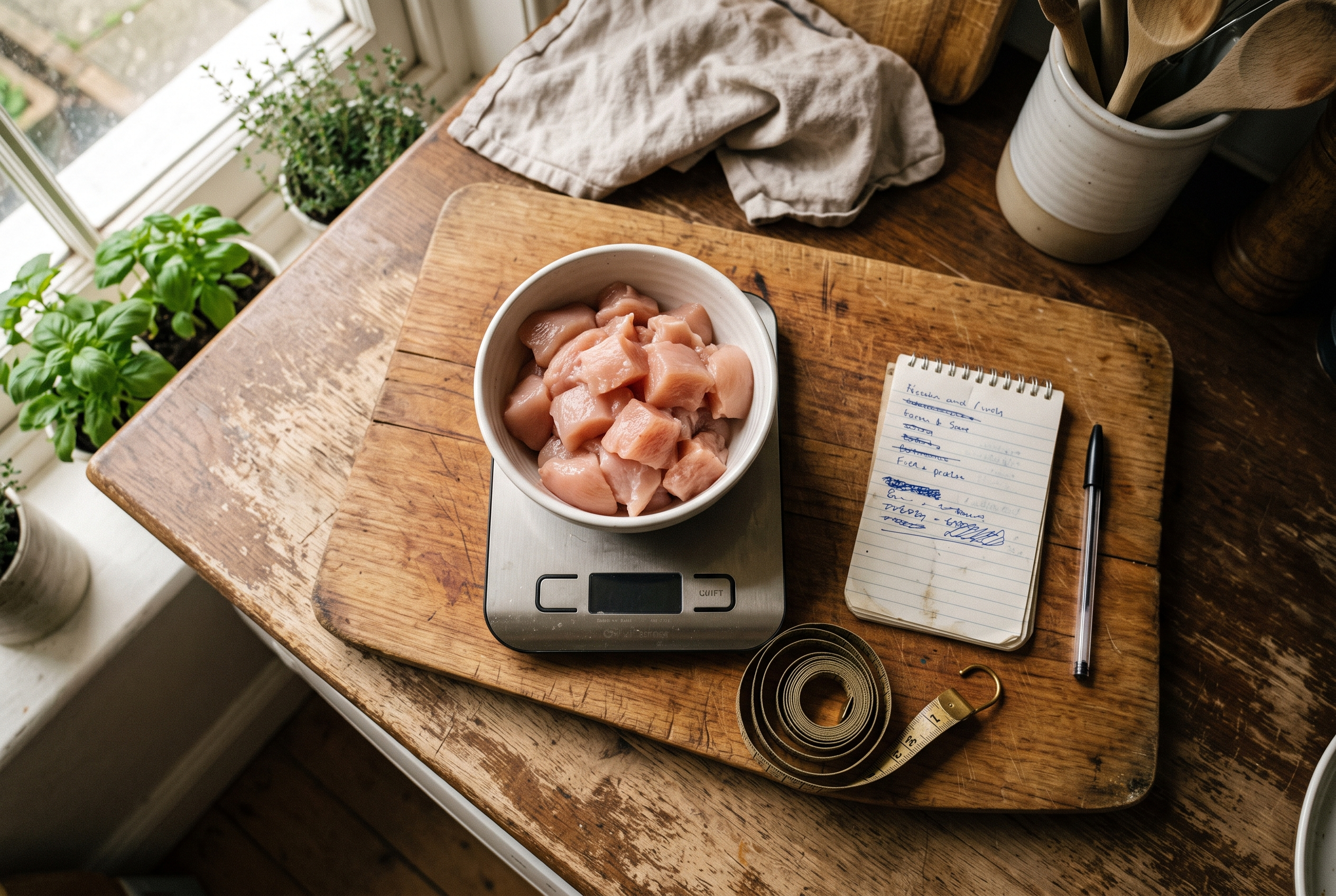 Küchenwaage mit rohem Hähnchenfleisch und Massband für Meal Prep Portionierung