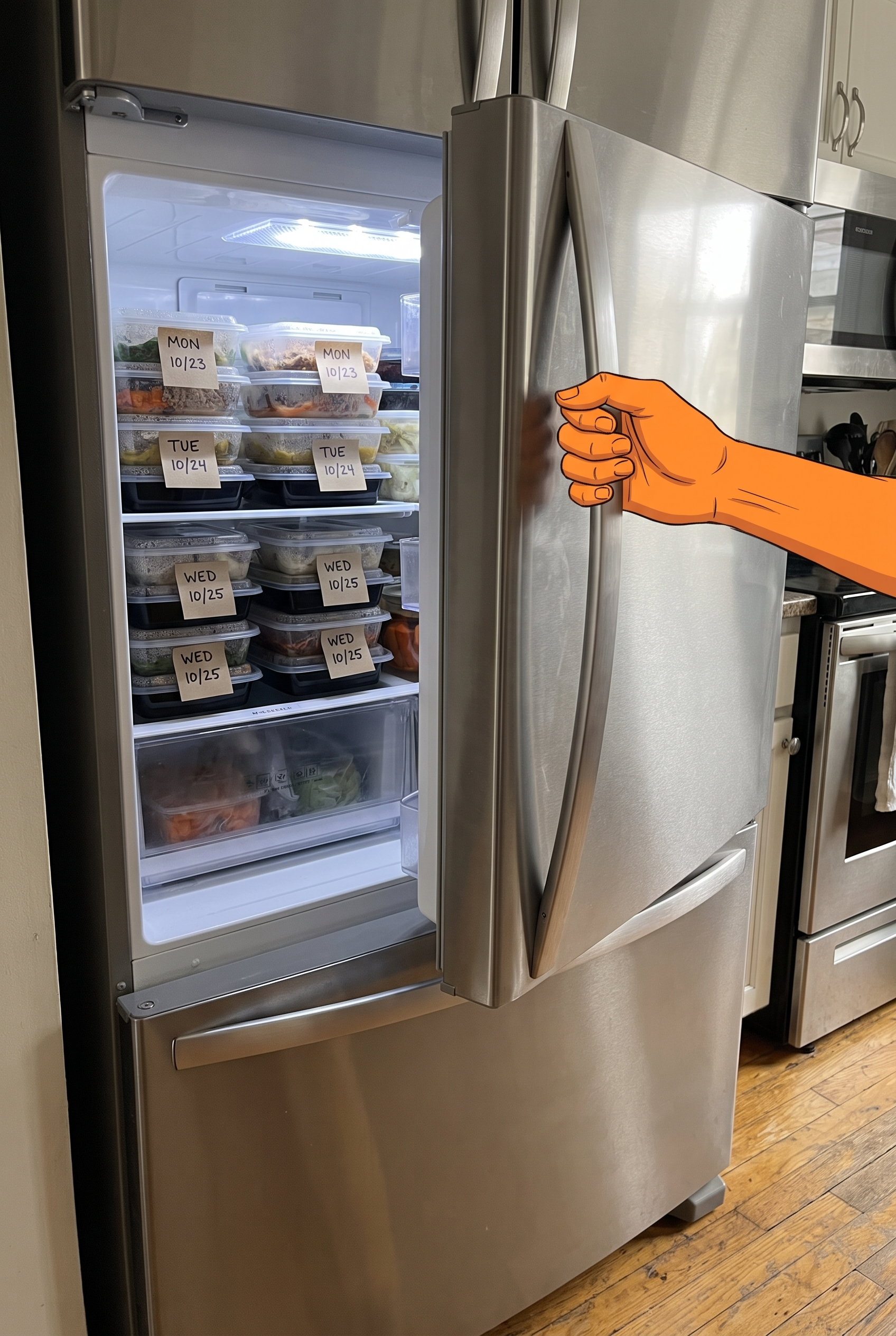 Kühlschrank mit beschrifteten Meal Prep Boxen und Datum-Etiketten