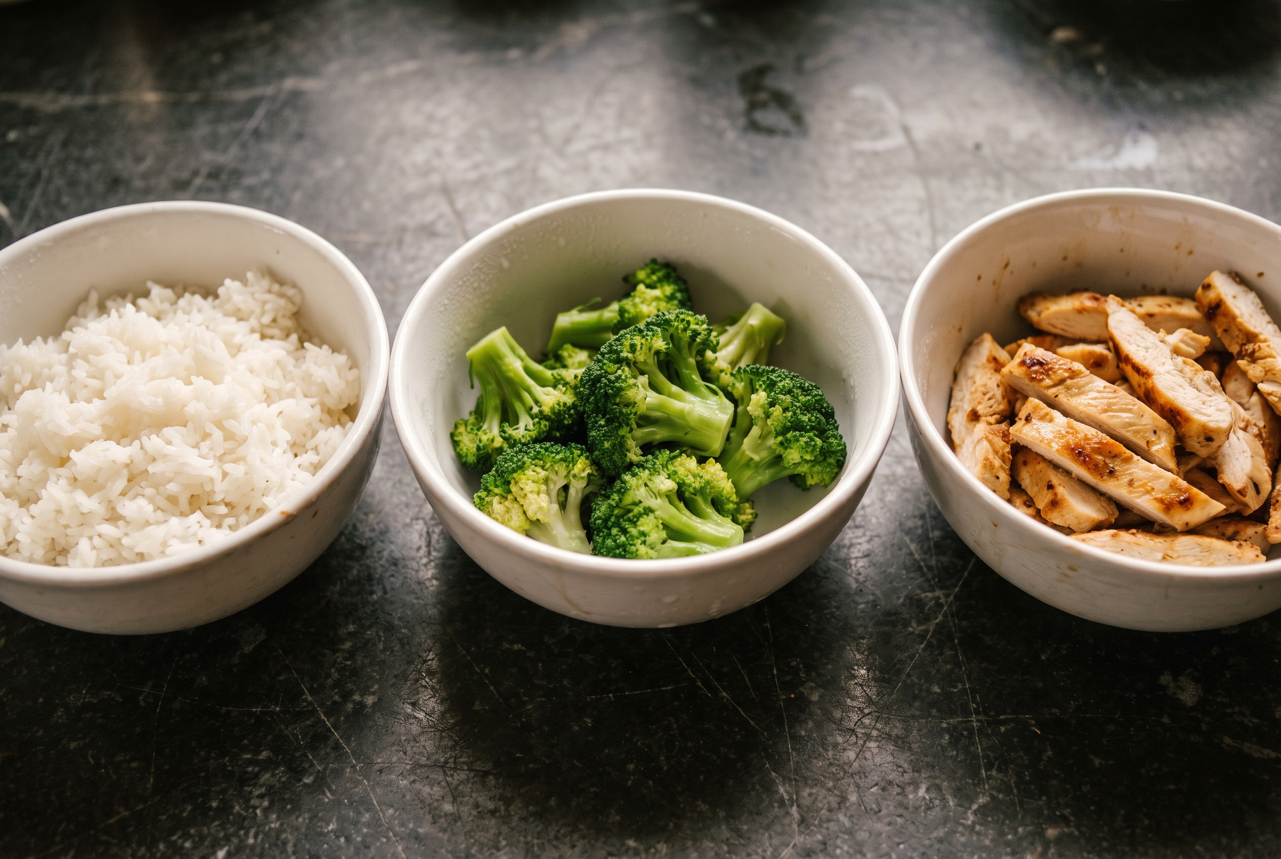 Vorgekochte Komponenten für Meal Prep: Reis, Brokkoli und Hähnchen in separaten Schüsseln