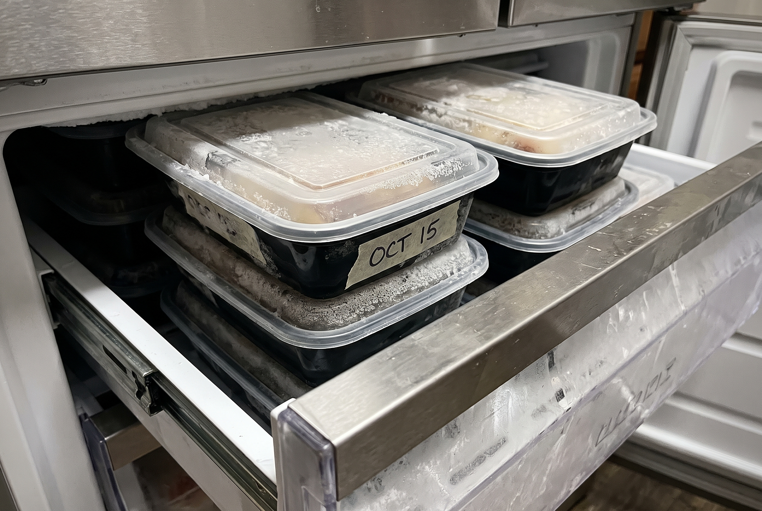 Gefrierfach mit eingefrorenen Meal Prep Mahlzeiten und Datumsbeschriftung