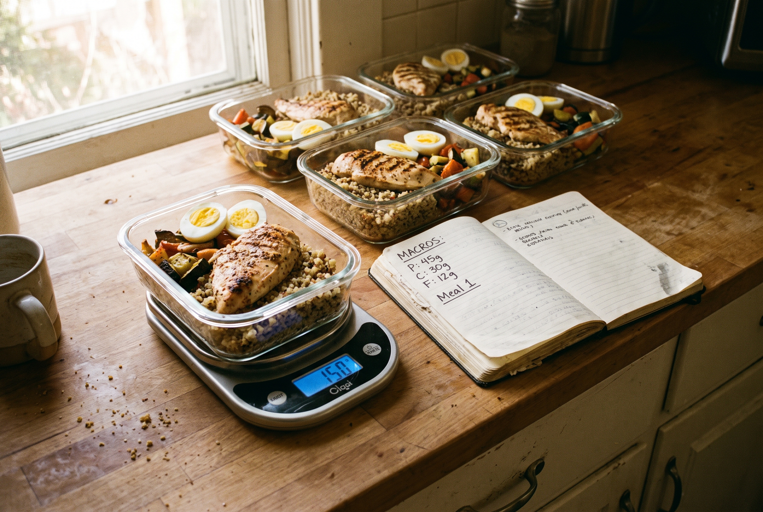Meal Prep für Muskelaufbau ab 40 mit Küchenwaage und Makro-Notizbuch