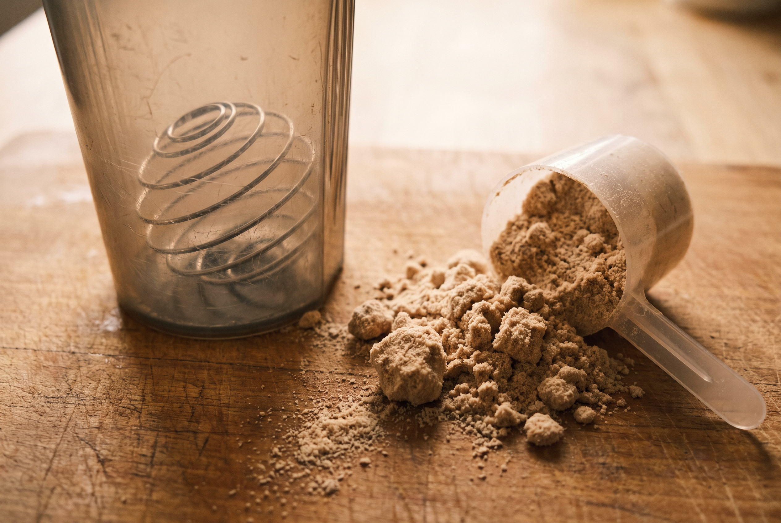 Whey Protein Shake für Muskelaufbau ab 40 auf Küchentisch