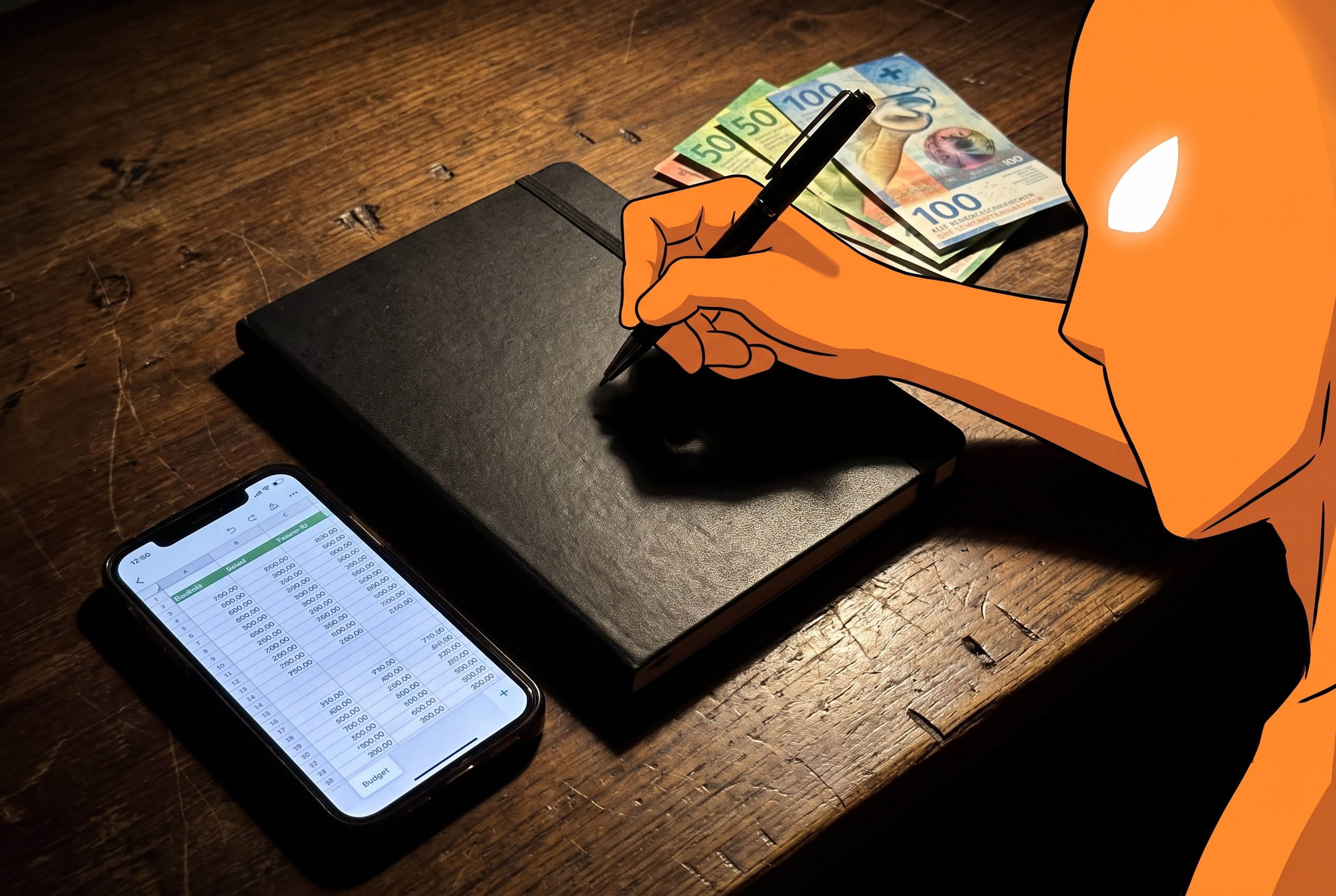 Sparquote erhöhen Männer ab 30: Notizbuch und Smartphone mit Finanzübersicht auf dem Schreibtisch