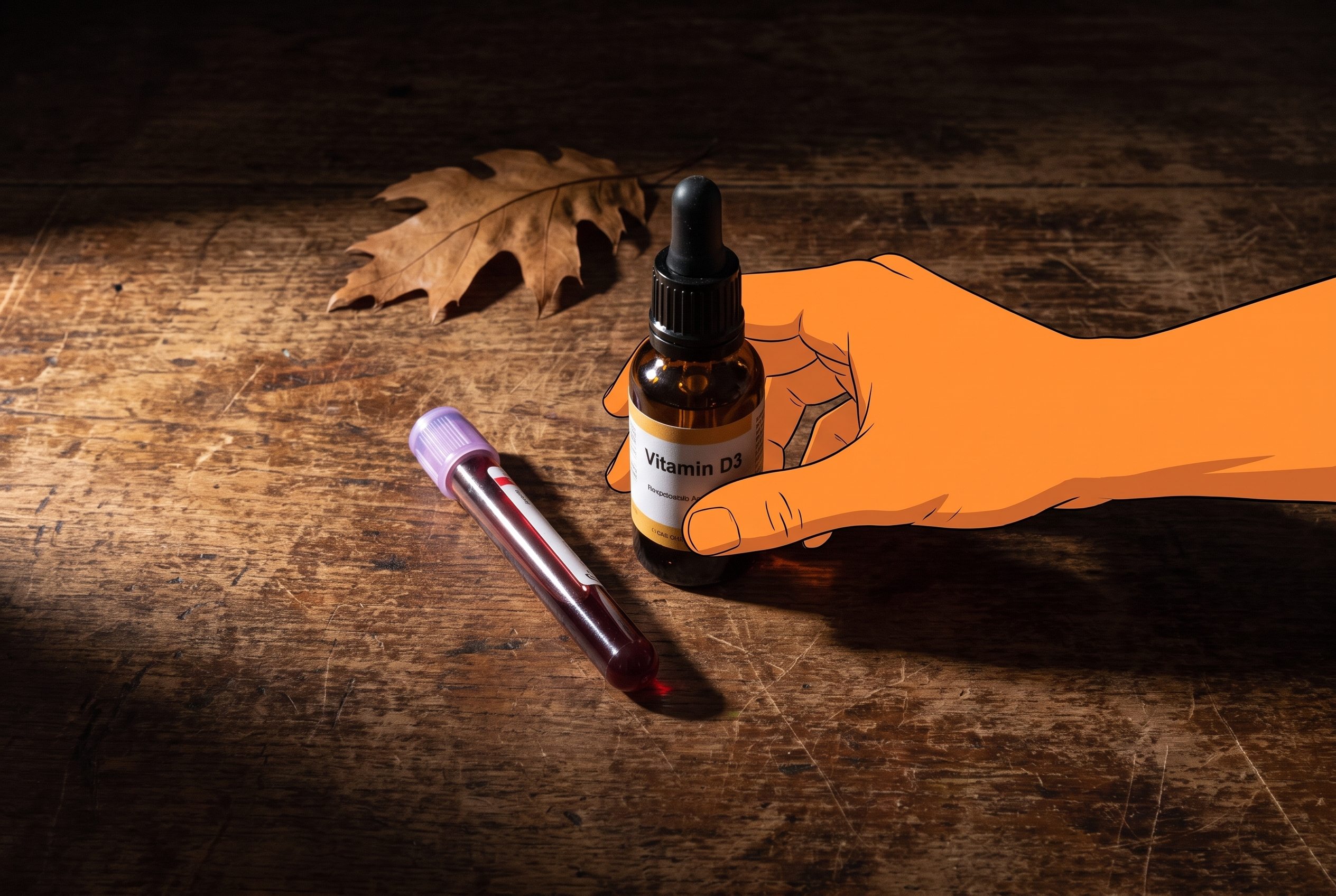 Vitamin D Herbst messen supplementieren — Tropfenflasche und Bluttest vor dem ersten Einsatz