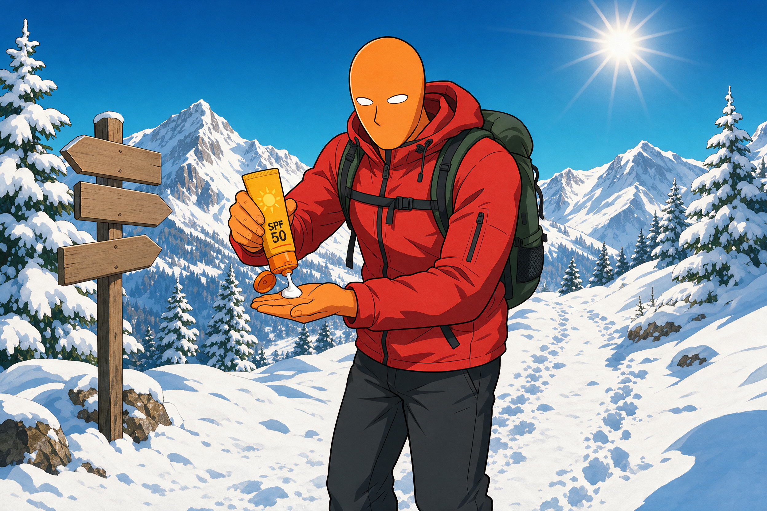 AlFi drückt auf einem verschneiten Bergweg Sonnencreme mit LSF 50 in seine Hand