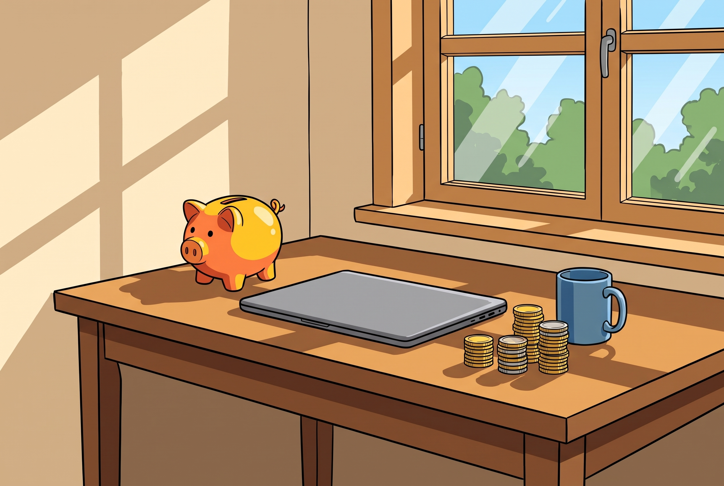 Sparschwein, Münzstapel und ein geschlossener Laptop mit Tasse auf einem Holztisch am Fenster