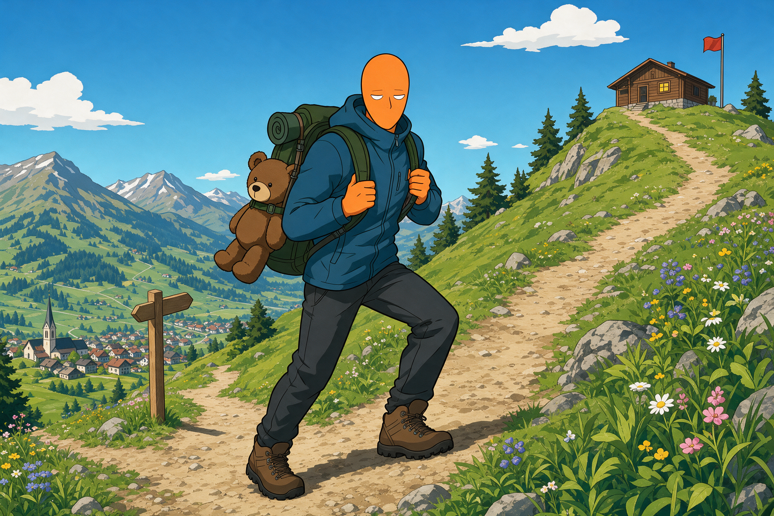 AlFi wandert mit schwerem Rucksack, an dem ein grosser Teddybär hängt, einen Bergweg hinauf zu einer sonnigen Hütte auf dem Gipfel.