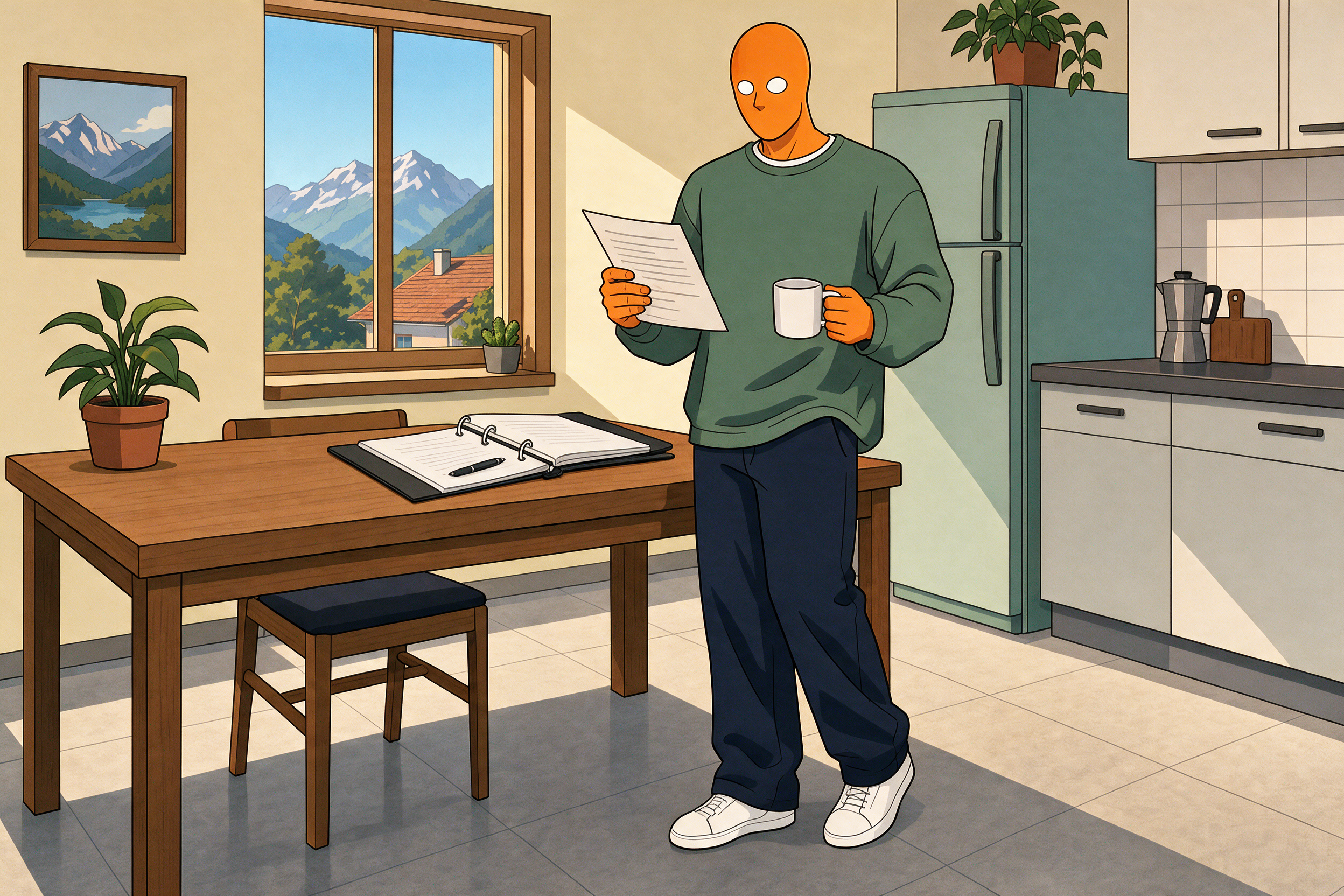 AlFi steht in der Küche mit einer Kaffeetasse und einem Vertragsblatt in der Hand; auf dem Tisch liegt ein Ordner.