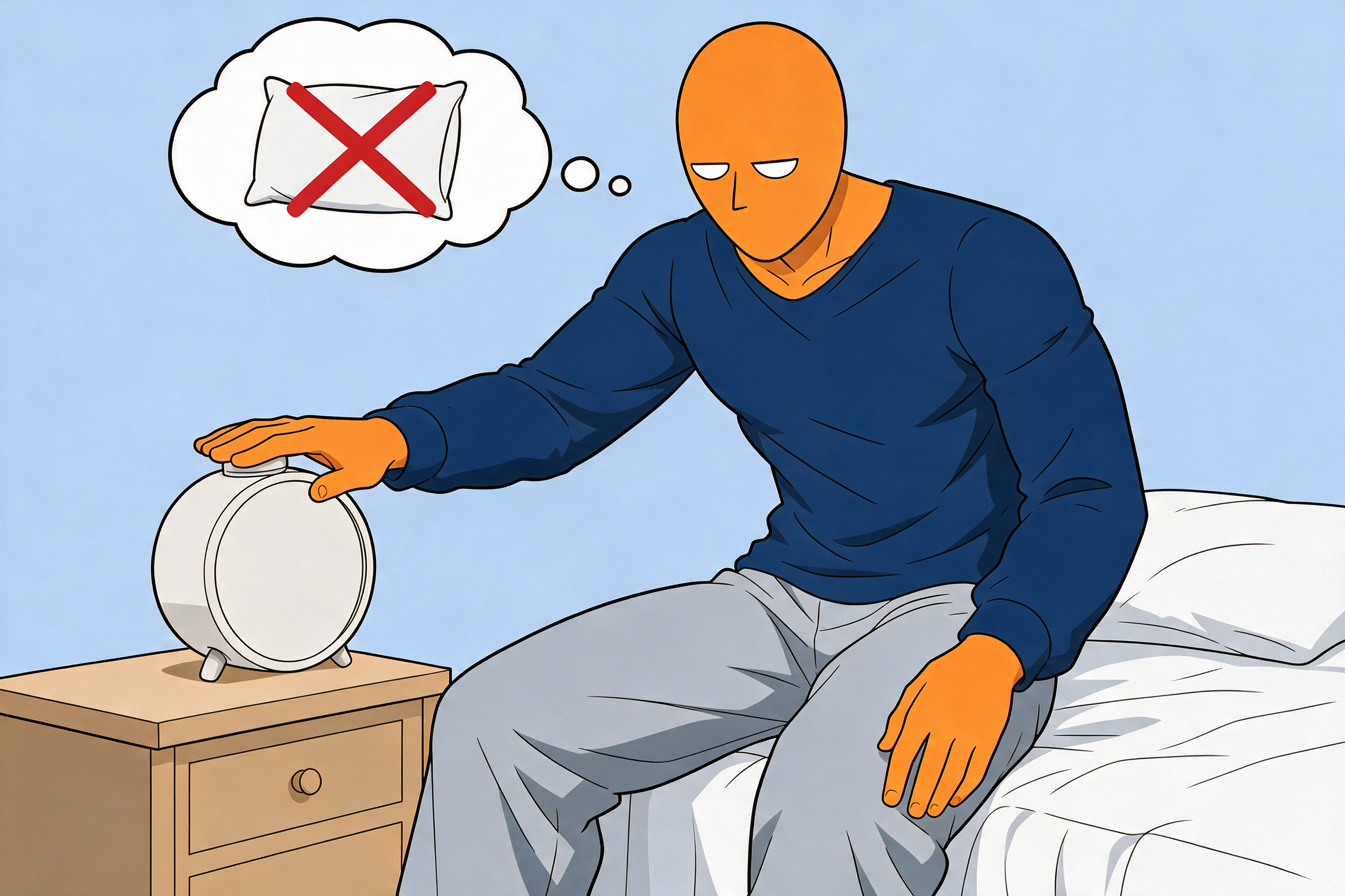 Früh aufstehen lernen ohne Snooze: Mann sitzt müde am Bettrand neben einem Wecker